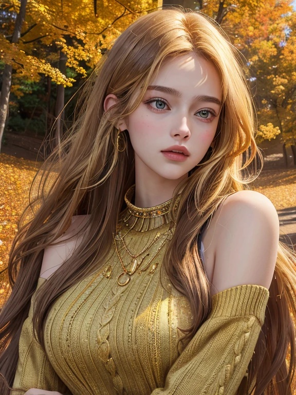 Photo of a 20-year-old solo girl, with long, loose golden hair, a colossal presence, looking directly at the spectator with brown, captivating eyes, adorned with jewelry. Her entire body is in the frame, wearing a sweater and showcasing a sexy, realistic allure, with her shoulders bared and a collar peeking out from beyond her shoulders. (best quality, highres, ultra-detailed: 1.2), Golden hour lighting, outdoor, atmospheric, autumn landscape, crisp leaves, rustic textures, (the highest quality, 16k, masterpiece: 1.3).