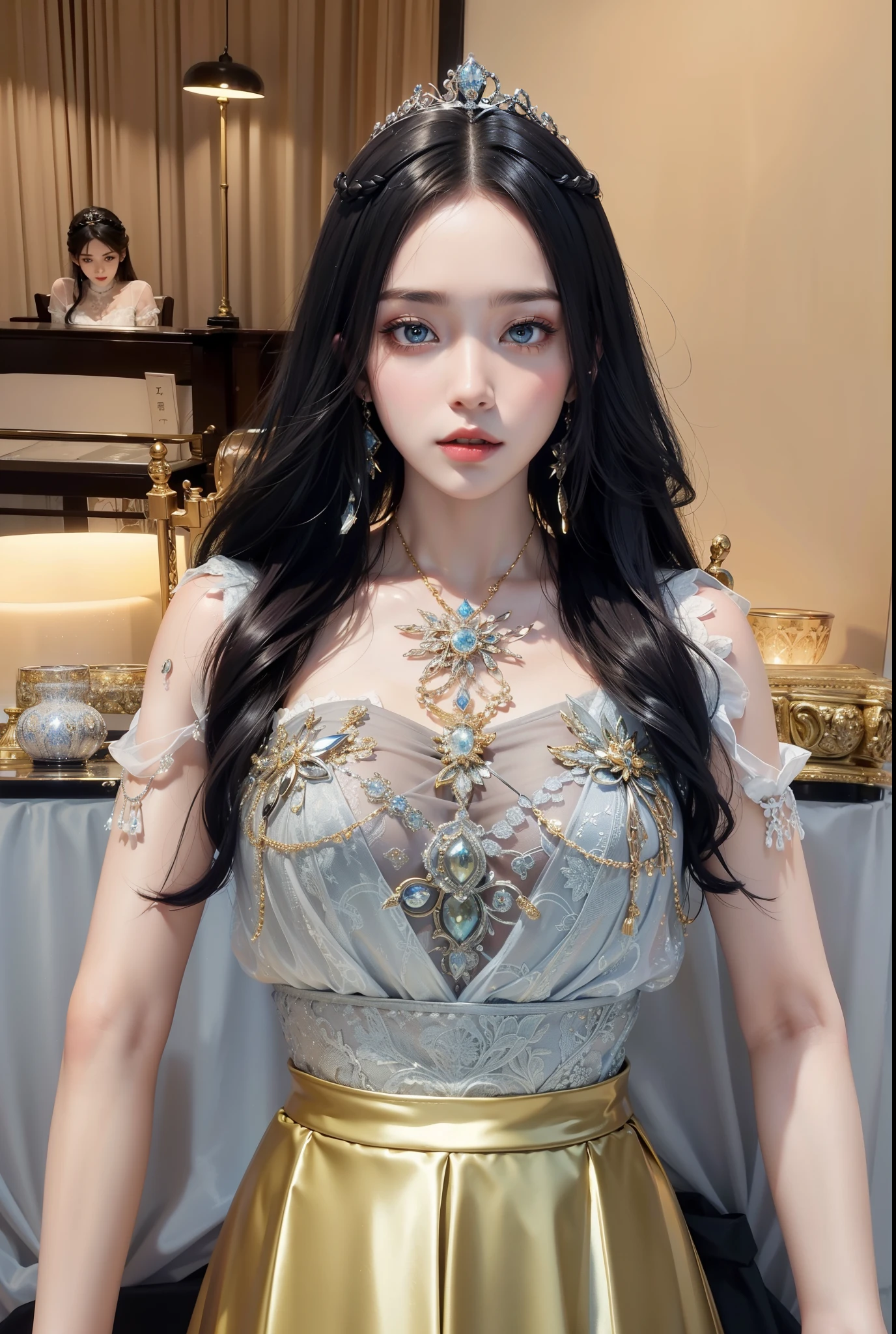 Royal sister,exquisite eyes,Frozen queen,put the crown on your head,Detailed facial expressions body,tall figure,Attractive figure,Leg length,4K,HD,Sensual,White translucent lace,白皙plump figure,Little cherry mouth,beautiful and cute,plump figure,gloss gel coat,Vampire queen wears luxurious dress,Have a tattoo(intricate tattoo designs),ice princess,面部Rich in details,16 Year Old Angel,eyes are blue(Pupils as deep as the starry sky),gorgeous clothes(Rich in details)