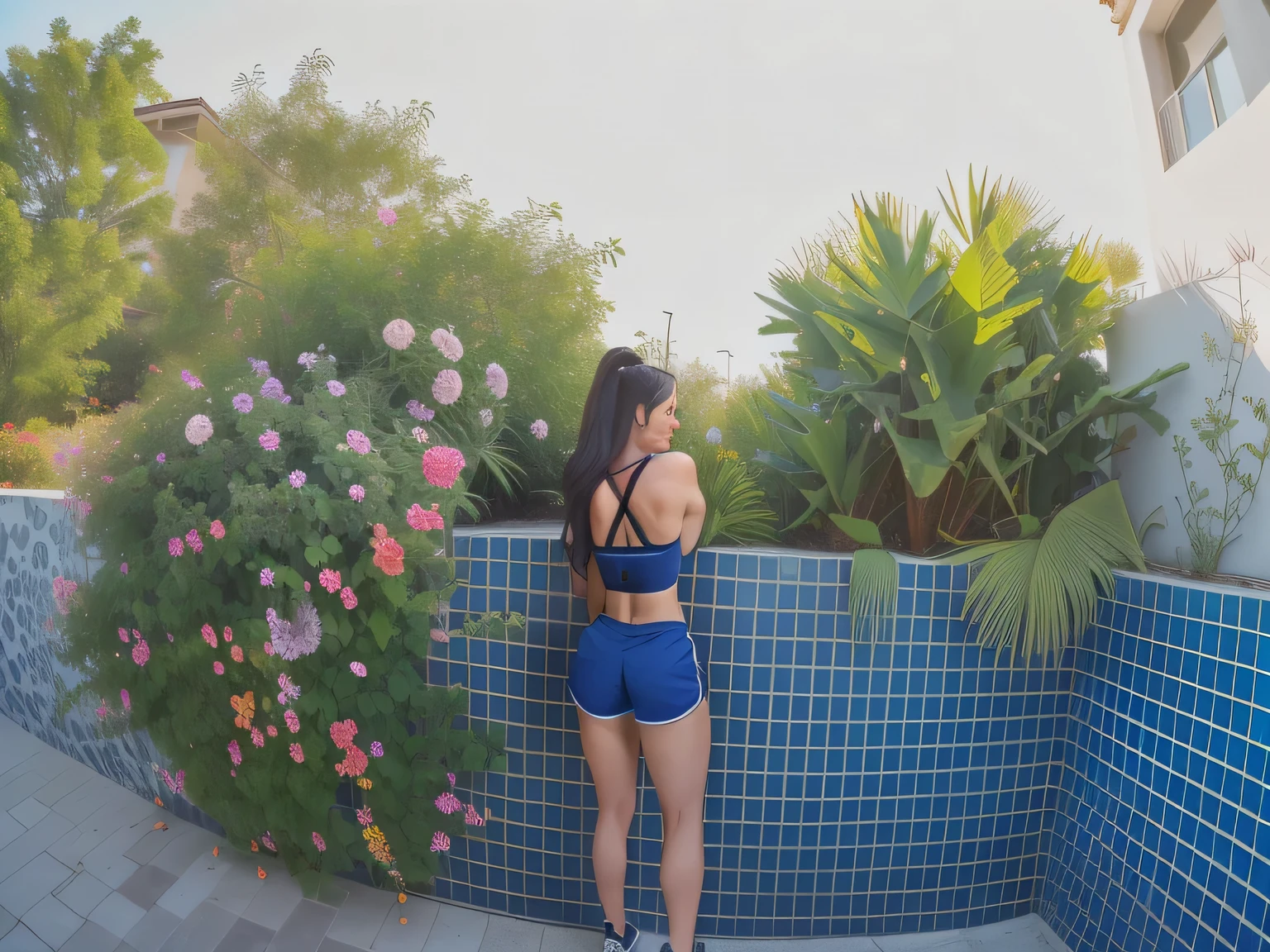 there is a woman standing next to a wall with flowers, back - shot, sport bra and dark blue shorts, squatting down next to a pool, fit pic, seen from the back, back pose, waist - shot, back shot, backview, shot from the back, sport bra and shorts, hunched shoulders, rear-shot, backshot. Best quality , high resolution, Masterpiece: 1.3, A high resolution, (photographically realistic), Beautiful girl, Sexy Pose, 8K, NFSW, fitness body, sports bra and dark blue shorts, toned legs. She is around 35 years old, a woman in good physical condition. Masterpiece, best quality, (best quality), realistic lighting, 8k.