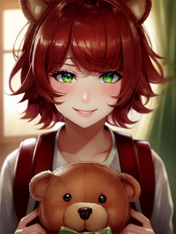 Green Eyes, annie, 1 Girl, Red Hair, smile with teeth, 8k, Detailed, masterpiece, close up, Green Pupil, brown leather backpack, short hair, fake cat ears, long bangs, close up, fire, teddy bear, tibbers