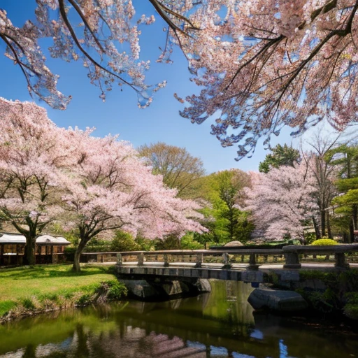 ((Safe at Work)), (realistic raw photo:1.6, Ultra high definition, High resolution, professional photos, 8k), (Nikon, ISO:50, focal distance:35mm, Aperture:5.6, shutter speed:1/125, Multi-metering pattern), perfect dynamic composition, Cherry tree, The arrival of spring, starry skies, moon, Feel the babbling of the stream, Shrine precincts