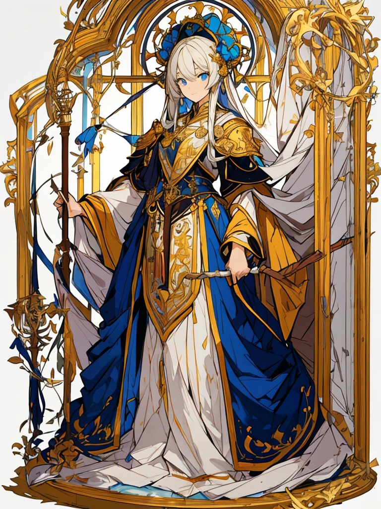 (masterpiece:1.2, highest quality),(Colored Background) (Beautiful detailed eyes: 1.2), (Highly detailed CG Unity 8K wallpaper, masterpiece, highest quality, Super detailed, best shadow), (detailed background) ,arms(With a long cane),solo ,golden hair,blue eyes,1girl, sketch (Character design sheet, same character, full body, Three-View, front, ~ side, return), solo