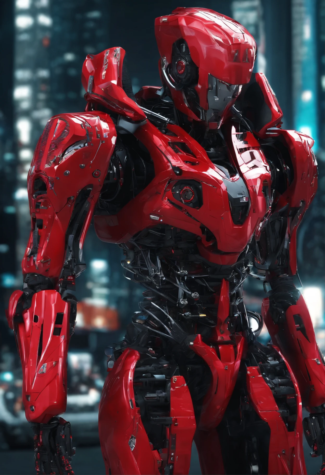 Indonesian style red suit costume cyborg semi Machinery full body set, face detail, body detail, hand detail, shoes detail. detail small breasts. design futuristic.backgroud on city war.