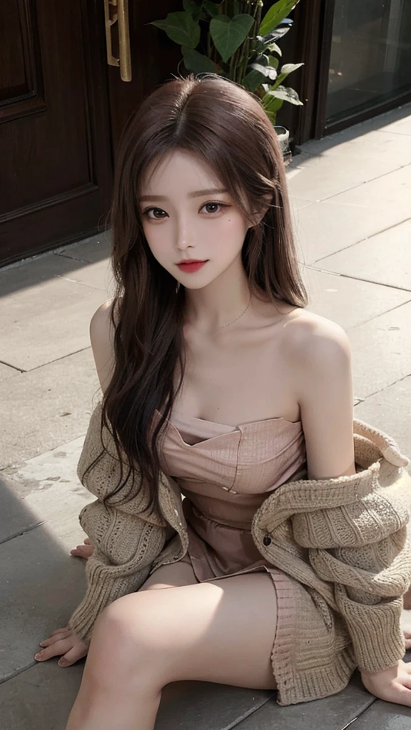 from above,she is looking at viewer,masterpiece,real photos,(solo) Real light and shadow,HDR backlight,Contour light,Shallow depth of field。reddish brown long straight hair,Elegant Chinese beauty, Wearing a strapless cardigan dress,A confident smile,Sitting elegantly on the floor making tea