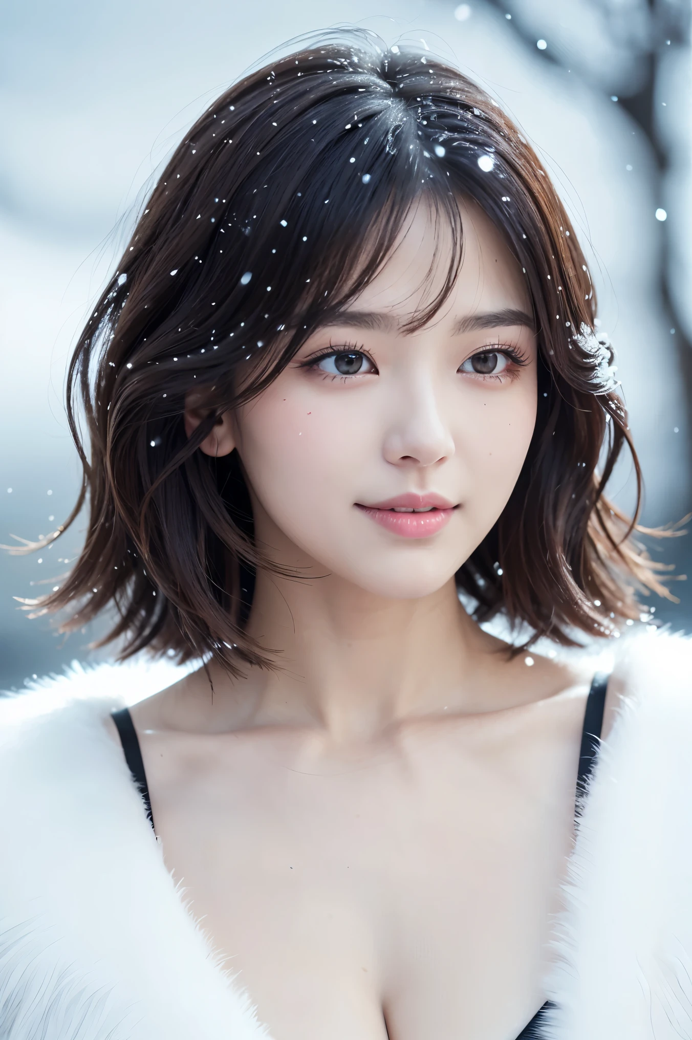 (table top、highest quality、8K、Award-winning work、ultra high resolution)、one beautiful woman、(The perfect and elegant fur coat:1.2)、(A lot of fluffy fur:1.3)、(close up of face:1.2)、[knit sweater]、Curl the ends outwards、very short hair、perfect fit、brown hair、epic movie lighting、(very big breasts:1.1)、(Accentuate your body lines:1.1)、(glamorous body:1.1)、(The most romantic and moody atmosphere:1.1)、winter、(snow scene:1.1)、It&#39;s snowing、(Walking in the snow in Northern Europe:1.2)、A smile looking at me、blurred background、accurate anatomy、Ultra HD Hair、ultra high resolutionの完璧な美しい歯、Ultra-high definition beauty face、Ultra HD Hair、ultra high resolutionの輝く瞳、輝くultra high resolutionの美肌、ultra high resolutionの艶やかな唇、(close up of face:1.1)、Fully closed lips