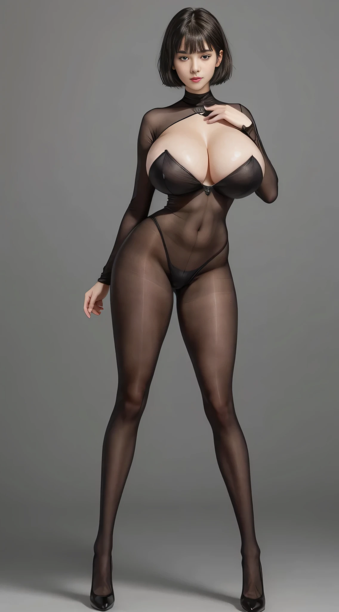 (8k, RAW photos, top quality, masterpiece: 1.2), (realistic, photorealistic: 1.37), (High Quality), (Ultra realistic), (High Details), (Face detail), (Shadow Detail), (big breast : 1.5), 1 girl, solo, Yelloe eyes, Black hair, short hair, Black Lips, Blush, (Extreamly Face Detailed), (Ultra Face Detailed), black Bodystocking, Transparent Bodystocking, (Hand detailed), Fingers Detailed, full body, (thin body), (slim body), (slim stomach), (Thick thighs : 1.4), (wide hips : 1.5), (Long Legs : 1.7), full body shoot, black heels