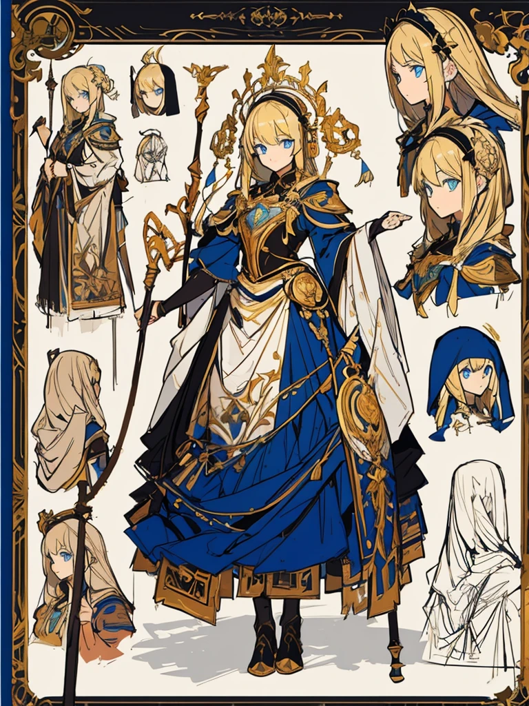 (masterpiece:1.2, highest quality),(Colored Background) (Beautiful detailed eyes: 1.2), (Highly detailed CG Unity 8K wallpaper, masterpiece, highest quality, Super detailed, best shadow), (detailed background) ,arms(With a long cane),solo ,golden hair,blue eyes,1girl, sketch (Character design sheet, same character, full body, Three-View, front, ~ side, return), solo