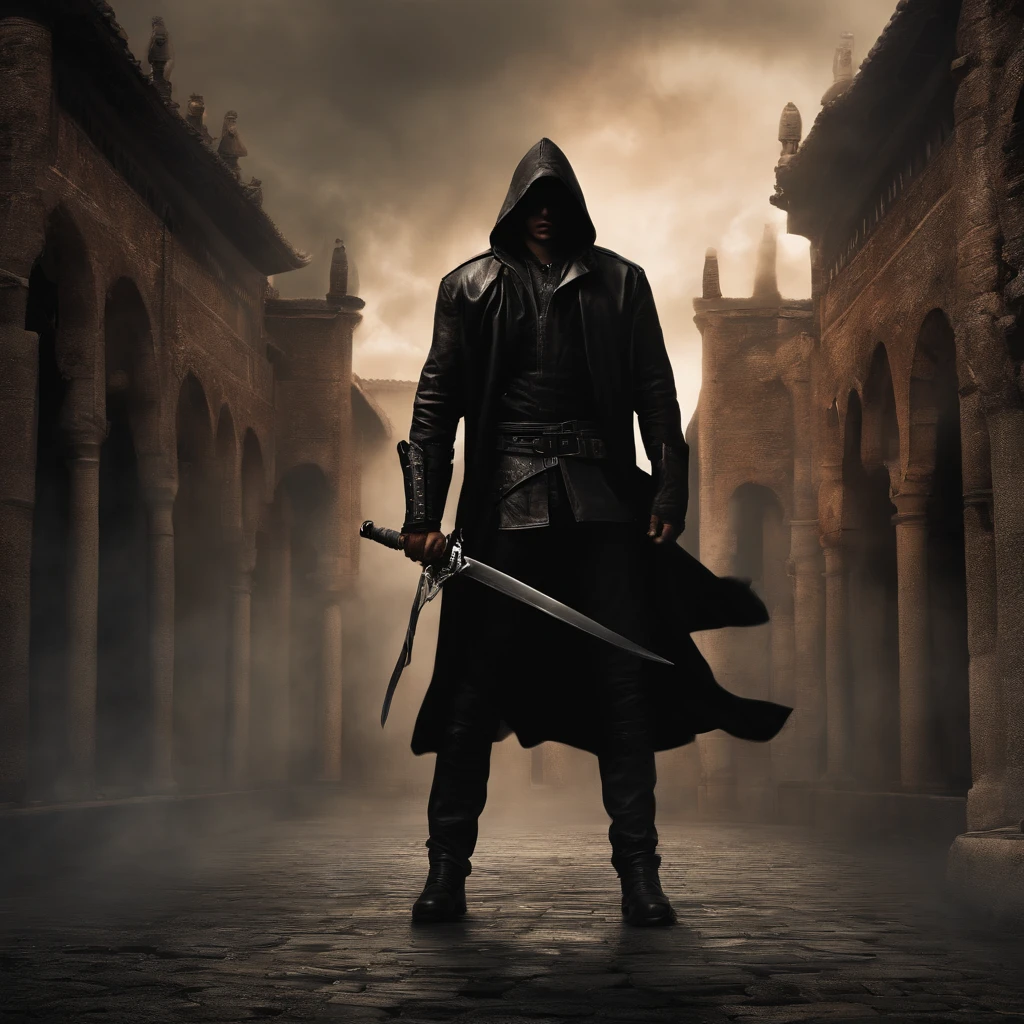 Realistic, 4k, Um anjo com grandes asas, uma espada, a hood over his head in the background image of a war (caos)