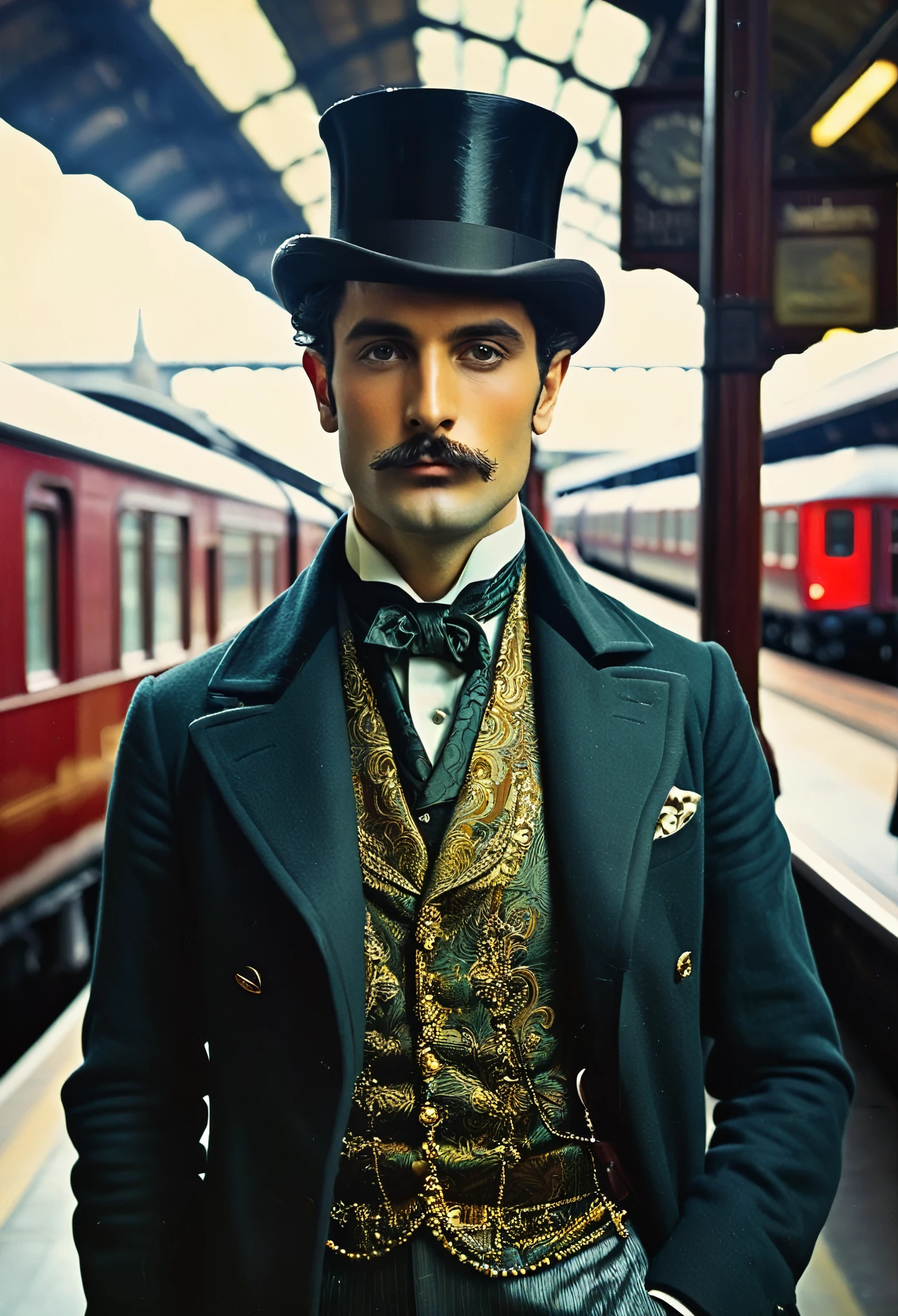 ((Man Portrait)), ( Victorian Fashion Style),(( Color Photo)), ( London), ((Train Station)), British Style, Nobleman, Elegantism,scene of opulence --c 22 --ar 27:40 --s 999 --v 6.0