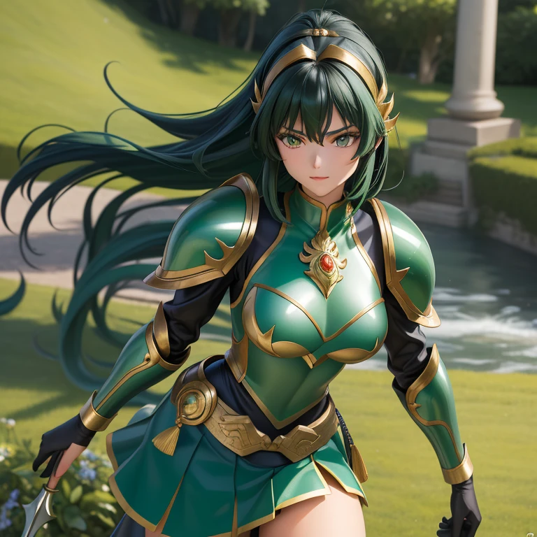 une femme, 25 ans, manga, cheveux longs, cheveux de couleur noire, black hairs, green armor, armure de couleur verte, armure du dragon de couleur verte, dragon scale skirt, dragon scale skirt, green shest armour, saint seiya, shiryu, dragon, casque, chevalier du zodiaque, piques montagneux, cascade, falaise