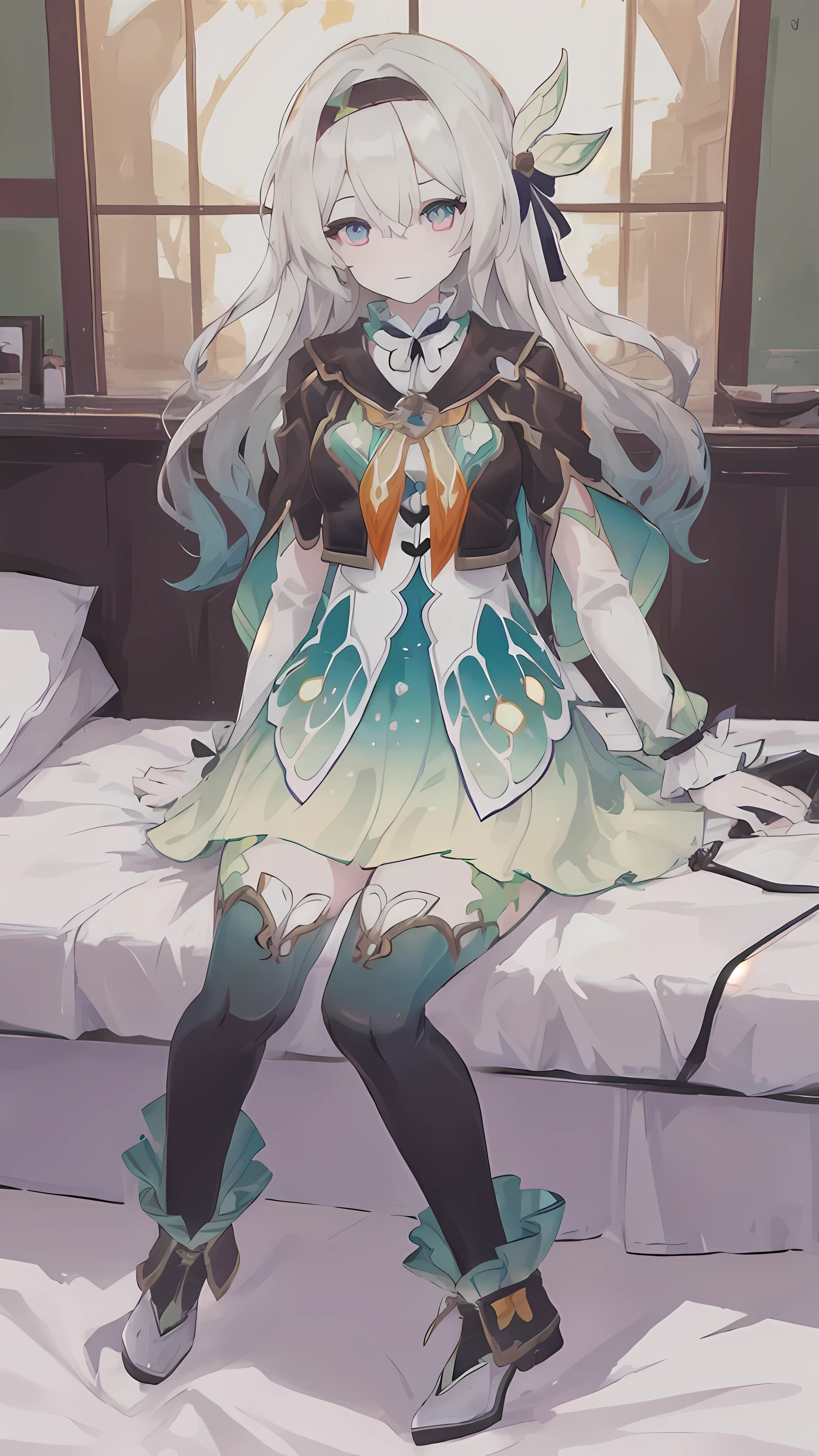 firefly \(honkai: star rail\)
black thighhighs, hairband, gradient skirt, hair ornament, blouse, frilled collar, frilled boots, cropped jacket, yellow neckerchief, highres, (masterpiece), looking at viewer, inside bedroom, sit on bed