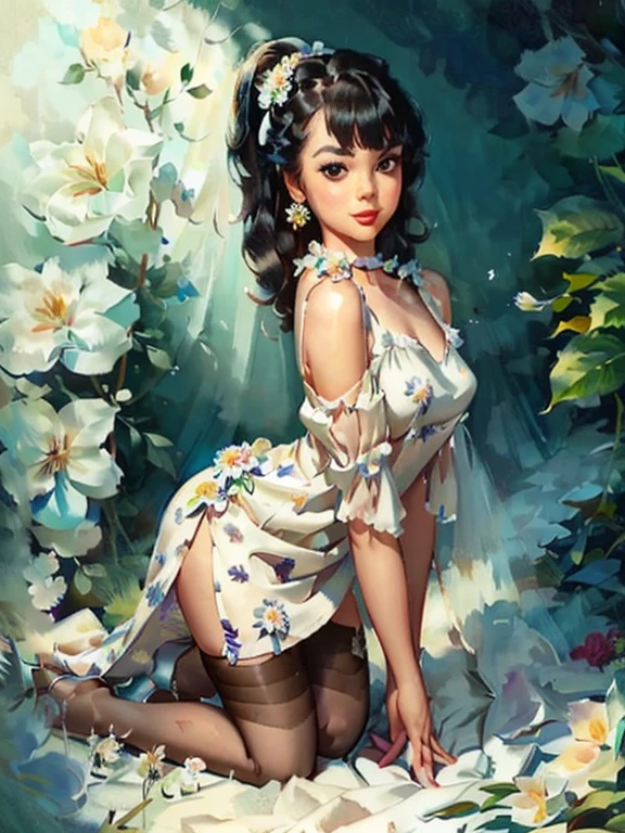 (best quality, 8k, masterpiece, ultra-detailed),vintage colors,woman 32 years-old pin-up,black straight hair,bangs,beautiful detailed face, big eyelashes,ponytail,little smile,jewerly,((((white dress printed with color flowers)))),pantyhose,photographic studio scenario