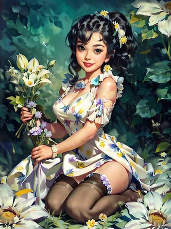 (best quality, 8k, masterpiece, ultra-detailed),vintage colors,woman 32 years-old pin-up,black straight hair,bangs,beautiful detailed face, big eyelashes,ponytail,little smile,jewerly,((((white dress printed with color flowers)))),pantyhose,photographic studio scenario