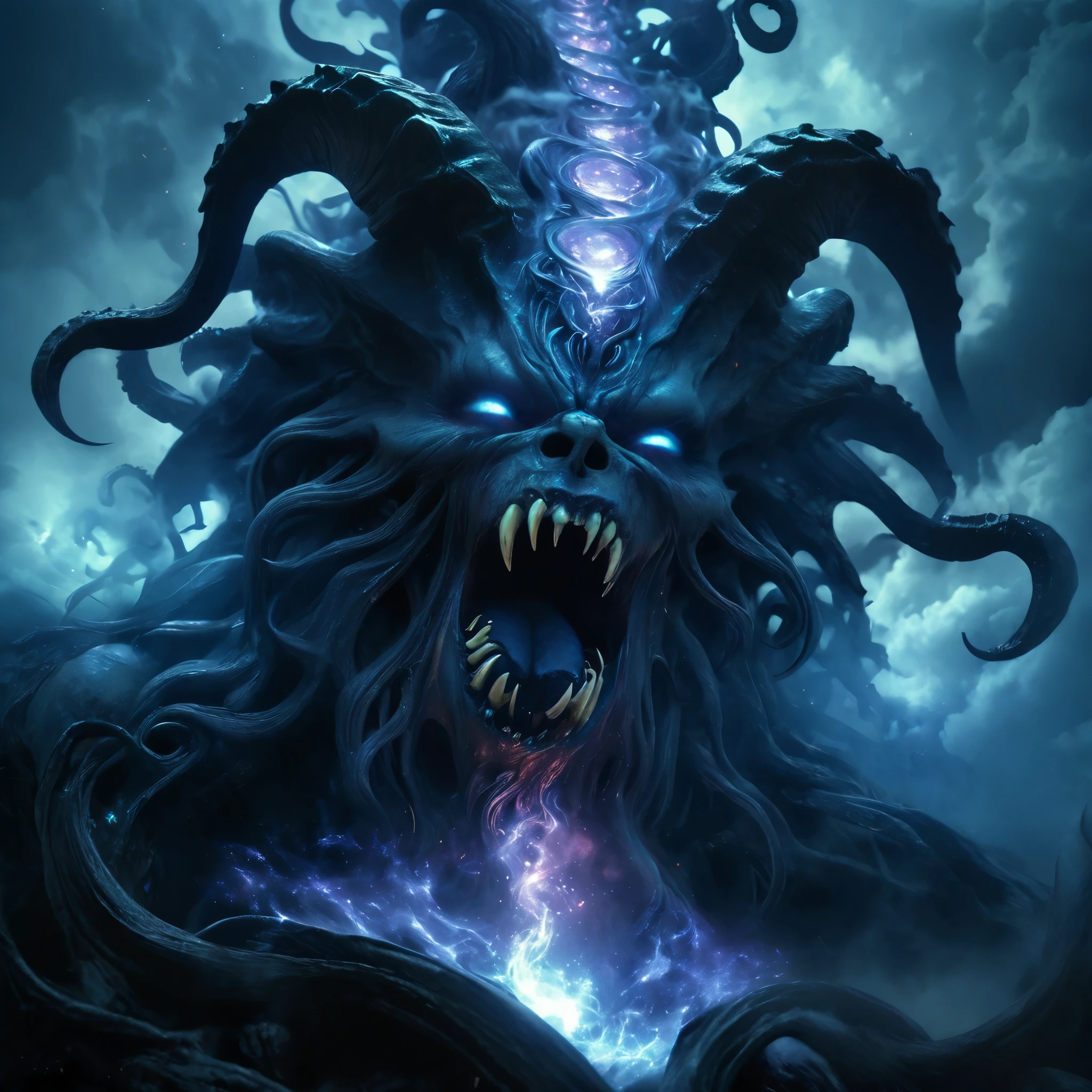 (best quality,4k,8k,highres,masterpiece:1.2),ultra-detailed,(realistic,photorealistic,photo-realistic:1.37),Giant demons with three faces from another dimension summoned from the magic circle, cosmic horror, deformed heads with tentacles and twisted horns, a tremendous number of huge fangs, long sharp claws, a long tail, a terrifying figure clad in blue flames, overwhelming violence that brings the world down into chaos, liberation of imagination, breaking the limits, creation of a new world (amazingly powerful and realistic composition by Greg Rutkowski:1.2) (one of them is the most beautiful girl's face in the universe:1.5), (NSFW:1.5), (It has an organ on its head that looks like the external genitalia of a female:1.5)