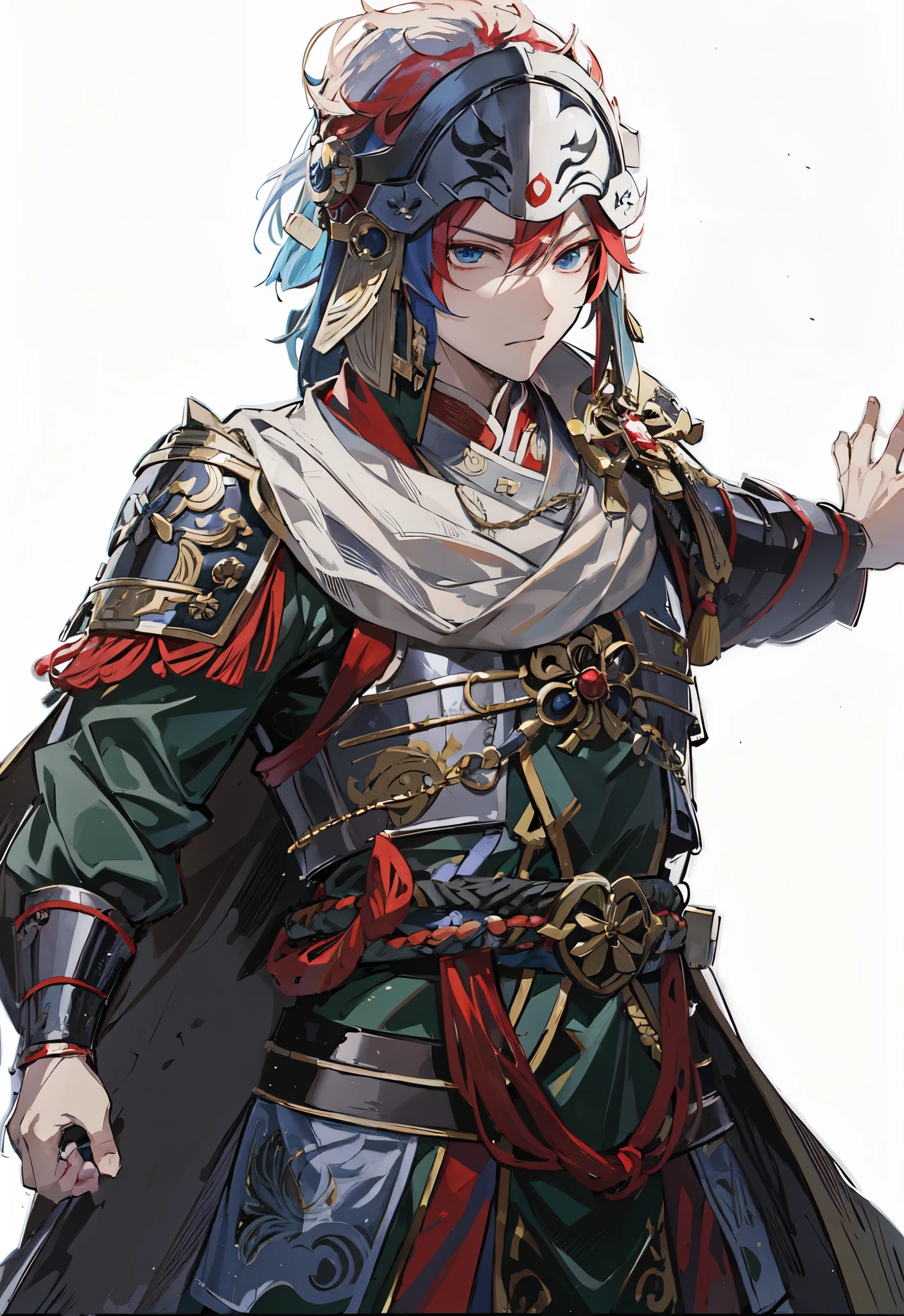Anime character with red hair and blue eyes holding a flute, Nobutaka Ike, Beautiful androgynous prince, 《Genshin》Keqing, Inspired by Taketoshi Matsumura, Produced by Anime Painter Studio, confident expression,Mikuni志风格,Mikuni无双风格,Soma Yukihira,Zhao Yun,Ma Chao,Zhou Yu,Jiang Wei,Chinese style martial general,Mikuni,young general,Leadership temperament