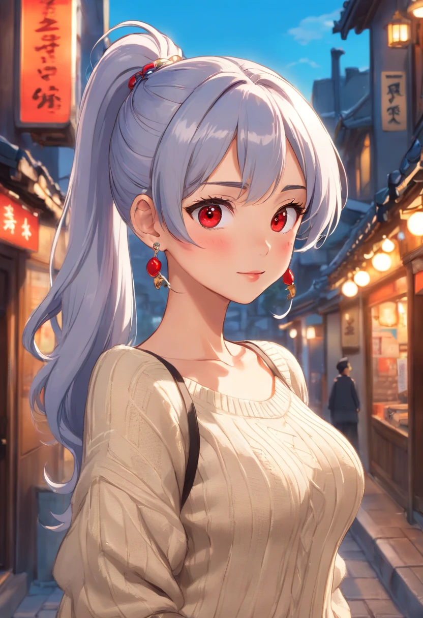 Urban beautiful girl college student, masterpiece, light makeup, red lips, silver hair, messy long hair, street background, beautiful, elegant. super fine details, master works, authentic texture, cinematic lighting realism, perfect job, 16K, hd, exquisite features,blue eyes、japanese idol、Beautiful Face、cute smile、brown hair、beautiful hair、ponytail、glamorous、 big breasts、erect nipples、Oily muscle、shiny skin、tanned skin、Black glowing skin、Sexy knitted sweaters, bright big eyes, smooth skin, earrings, necklace, tattoo