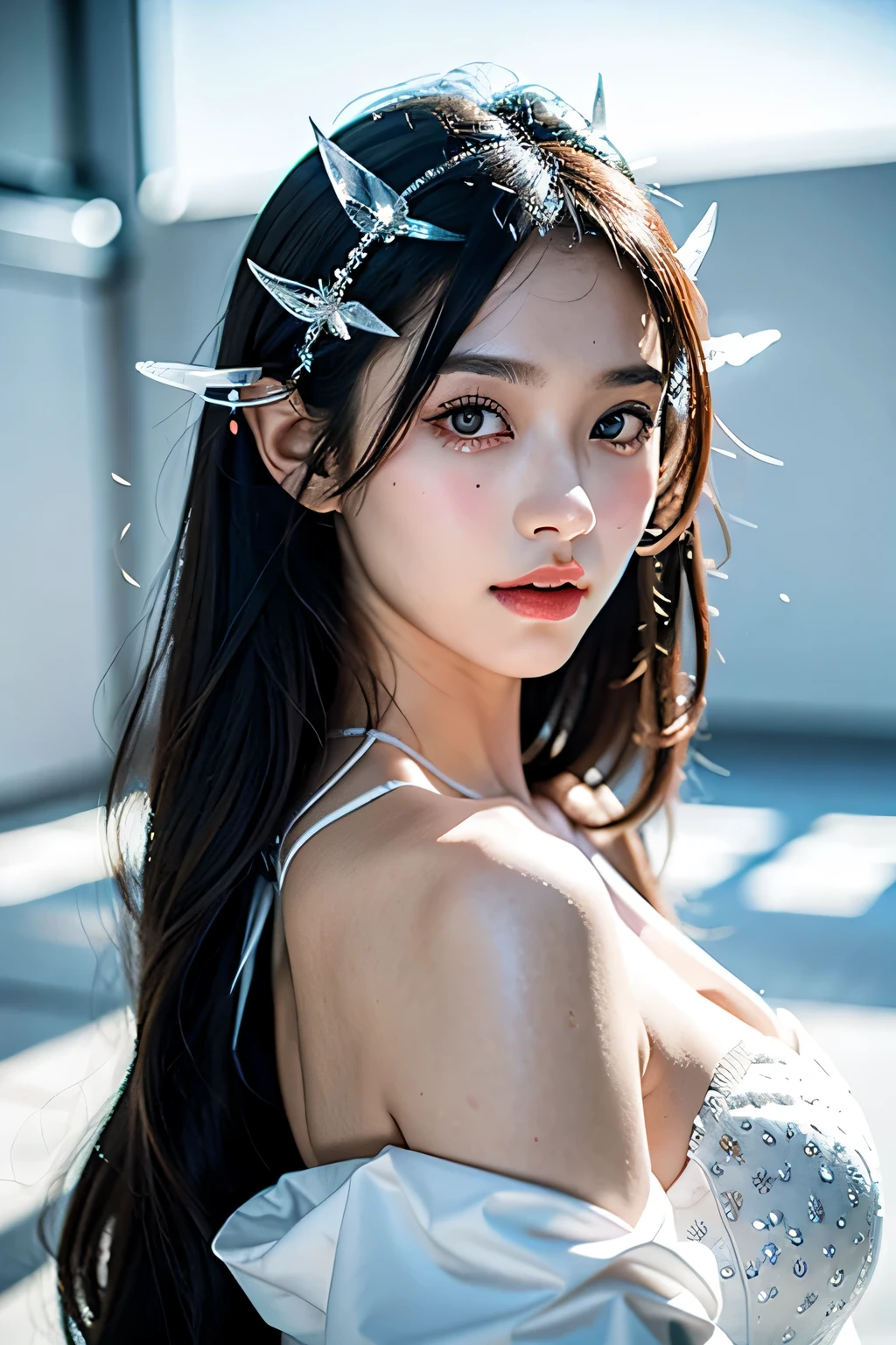 fly to pieces、best quality、illustration、 Excellent details、great details、 high resolution、Dende 8K wallpaper、Perfect dynamic composition、beautiful girl, 24 years old、clear、beautiful, detailed face、beautiful eyes with details、textured skin、Faint smile、Medium bust、sexy poses、ชุดcosplay snow queen outfit , blurred background., professional studio lighting, on the moon, portrait