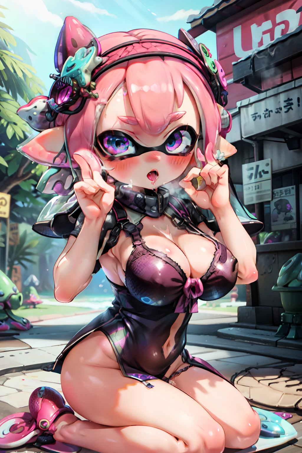 highest quality,3D, Best realistic animation,masterpiece,ray tracing, global illumination,Blowjob gesture,Splatoon Girl, alone,looking at the viewer,outdoor,Wariza,saliva,verbal invitation、blush、sexy look、big and cute eyes、beautiful eyes、cheek、big breasts、cleavage、