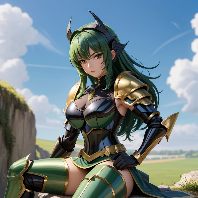 une femme, 25 ans, manga, cheveux longs, cheveux de couleur noire, black hairs, green armor, armure de couleur verte, armure du dragon de couleur verte, dragon scale skirt, dragon scale skirt, green shest armour, saint seiya, shiryu, dragon, casque, chevalier du zodiaque, piques montagneux, cascade, falaise