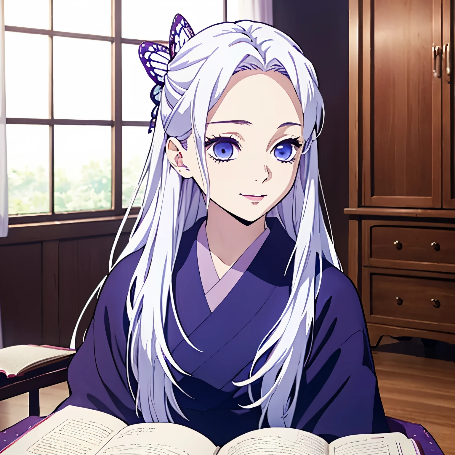 (1 girl), blue eyes, White hair, (long straight hair), beautiful girl, dark purple color kimono, one butterfly hair pin, looking at the book, clear lines, clear colors, face focus, light smile, 17 years old girl, day time