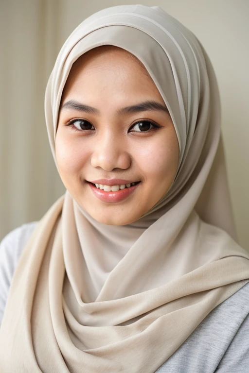 An Indonesian woman, hijab, beauty and cute face, skin white rather brown, smile calm
