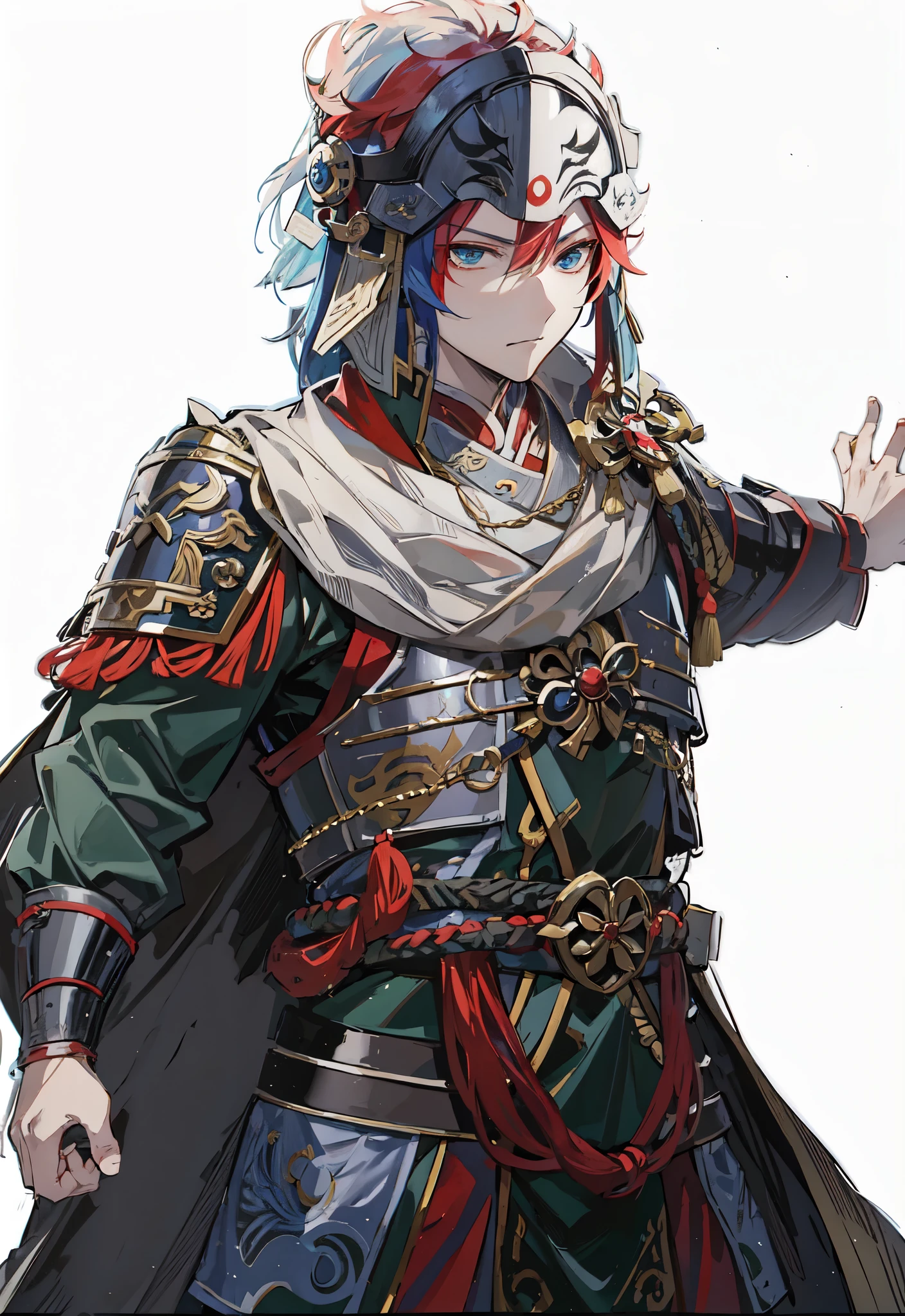 Anime character with red hair and blue eyes holding a flute, Nobutaka Ike, Beautiful androgynous prince, 《Genshin》Keqing, Inspired by Taketoshi Matsumura, Produced by Anime Painter Studio, confident expression,Mikuni志风格,Mikuni无双风格,Soma Yukihira,Zhao Yun,Ma Chao,Zhou Yu,Jiang Wei,Chinese style martial general,Mikuni,young general,Leadership temperament