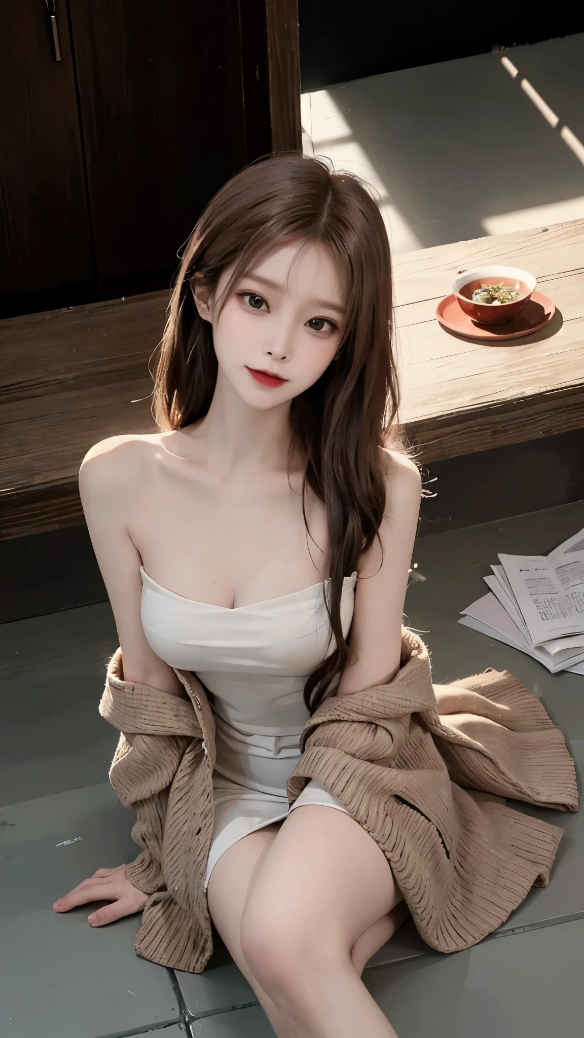 from above,she is looking at viewer,masterpiece,real photos,(solo) Real light and shadow，HDR backlight，Contour light，Shallow depth of field。reddish brown long straight hair，Elegant Chinese beauty, Wearing a strapless cardigan dress，A confident smile，Sitting elegantly on the floor making tea