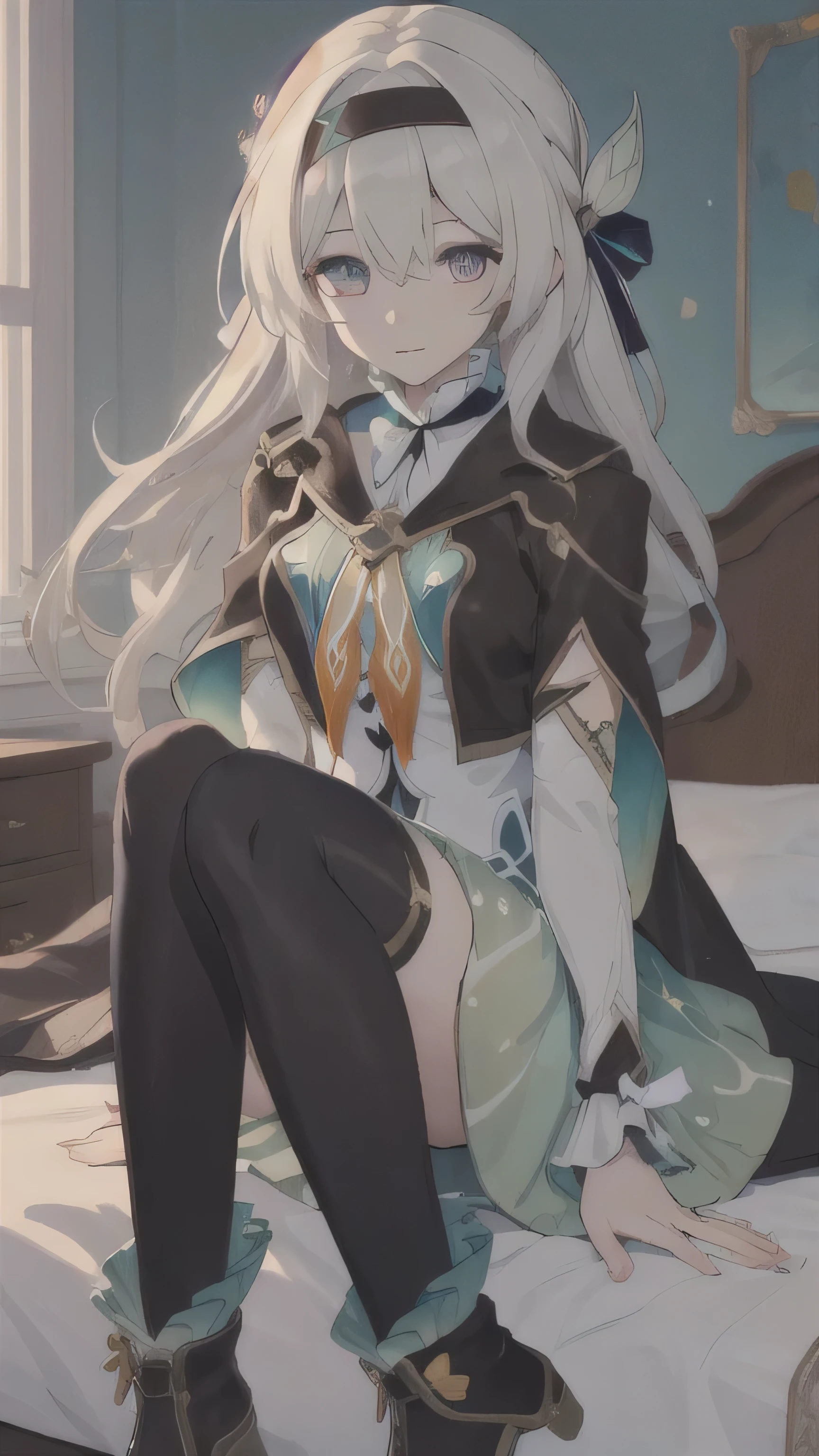 firefly \(honkai: star rail\)
black thighhighs, hairband, gradient skirt, hair ornament, blouse, frilled collar, frilled boots, cropped jacket, yellow neckerchief, highres, (masterpiece), looking at viewer, inside bedroom, sit on bed