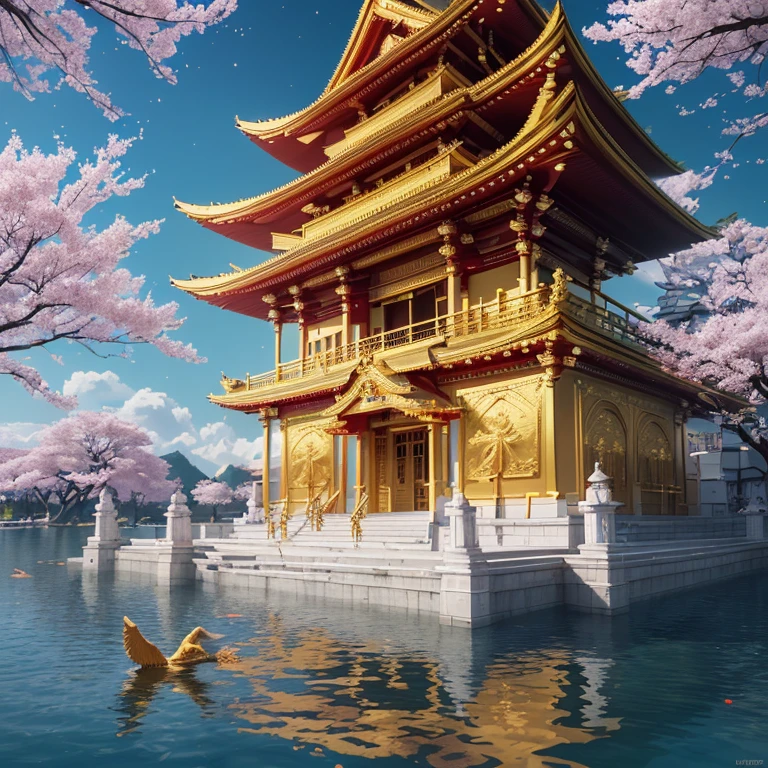 (best quality,8k,highres, masterpiece:1.2), ultra-detailed, HDR, UHD, studio lighting, ultra-fine painting, sharp focus, physically-based rendering, extreme detail description, professional, vivid colors, bokeh, portraits, concept artists, warm color palette, dramatic lighting,no humans,A temple with gold leaf pasted on the entire building stands on the water, a golden phoenix at the top of the temple, a blue sky, a blizzard of cherry blossoms,(anime style),wide view,