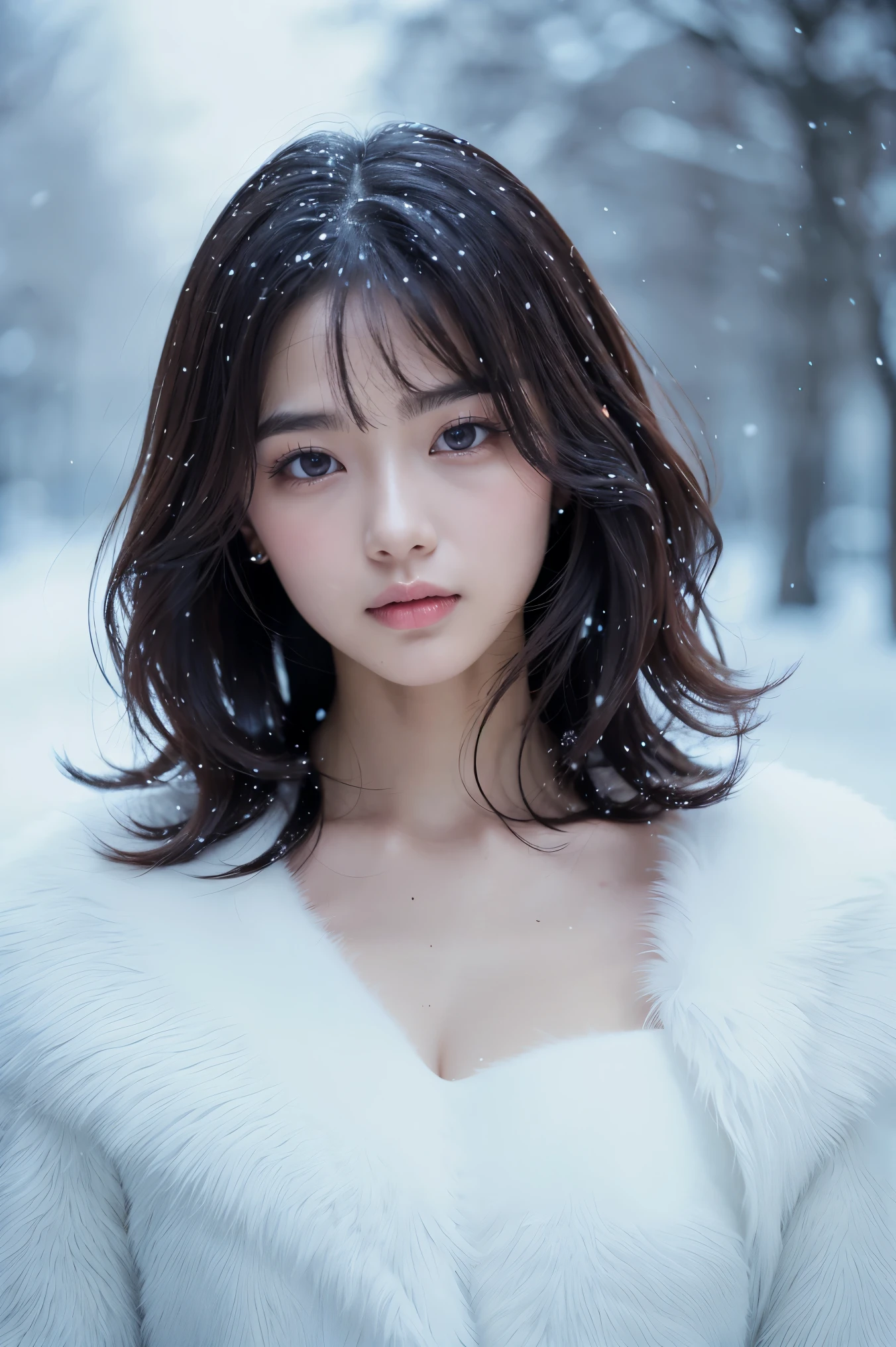 (table top、highest quality、8K、Award-winning work、ultra high resolution)、one beautiful woman、(A perfect and elegant melton fur coat:1.2)、(A lot of fluffy fur:1.3)、(close up of face:1.2)、[knit sweater]、Outwardly curled short hair、perfect fit、brown hair、epic movie lighting、(very big breasts:1.1)、(Accentuate your body lines:1.1)、(glamorous body:1.1)、(The most romantic and moody atmosphere:1.1)、winter、(snow scene:1.1)、It&#39;s snowing、(Walking in the snow in Northern Europe:1.2)、A slight smile staring at me、blurred background、accurate anatomy、Ultra HD Hair、ultra high resolutionの完璧な美しい歯、Ultra-high definition beauty face、Ultra HD Hair、ultra high resolutionの輝く瞳、輝くultra high resolutionの美肌、ultra high resolutionの艶やかな唇、(close up of face:1.1)、Fully closed lips