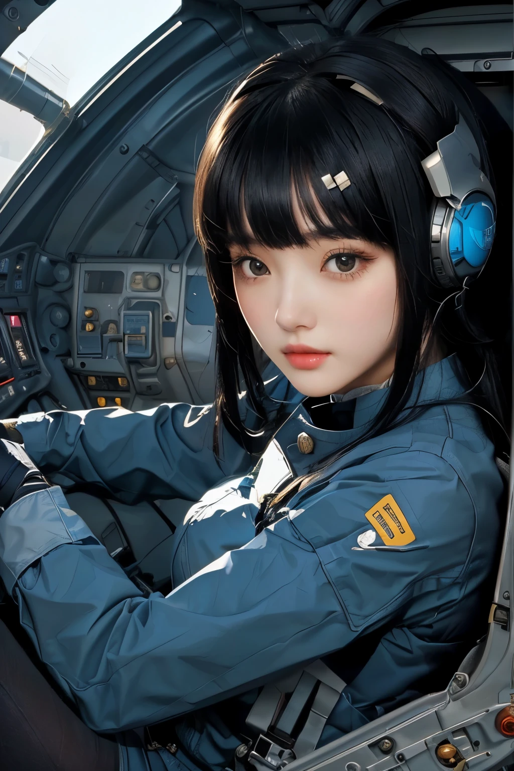 one beautiful woman。black hair。１８age。letting down one&#39;s bangs。cute woman。She is looking defiantly at the camera。She is sitting in the cockpit of a mini time machine。masterpiece。