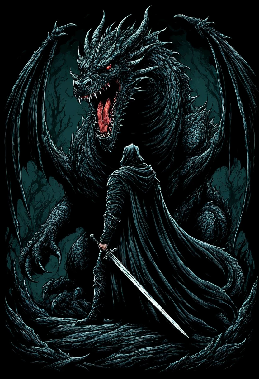 metal_tee, a man in a black cloak holding a sword, standing in front of a large dragon. The dragon is depicted as a large, menacing beast, with its mouth open and a long tongue protruding. The scene is set in a dark, mysterious environment,  vector digital illustration, (black background:1.5)