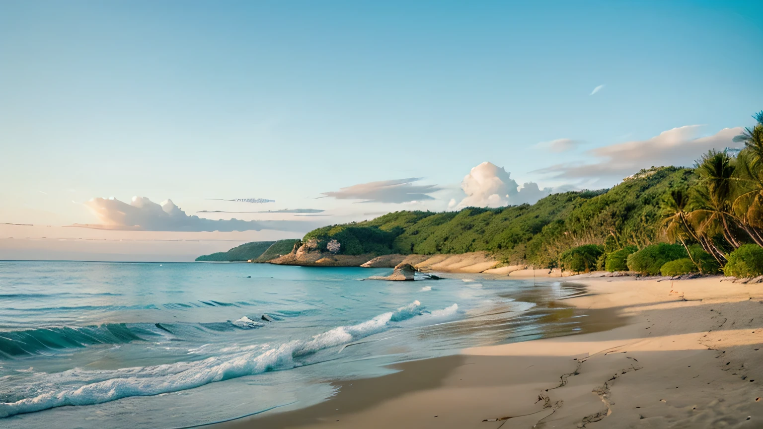 The image you’ve uploaded captures a tranquil beach scene. Here are the details:
Sky and Clouds: The sky is a clear blue with scattered fluffy white clouds.
Water: The turquoise and light blue waters are crystal clear, indicating purity.
Shore: Gentle waves wash over the soft, pristine sandy shore.
Natural Beauty: A hill or small mountain covered in greenery adds to the scene’s serenity.
Mood: The overall mood is calm and peaceful, inviting viewers to enjoy the idyllic landscape.
It’s a beautiful representation of a peaceful beach environment, perfect for relaxation and contemplation.