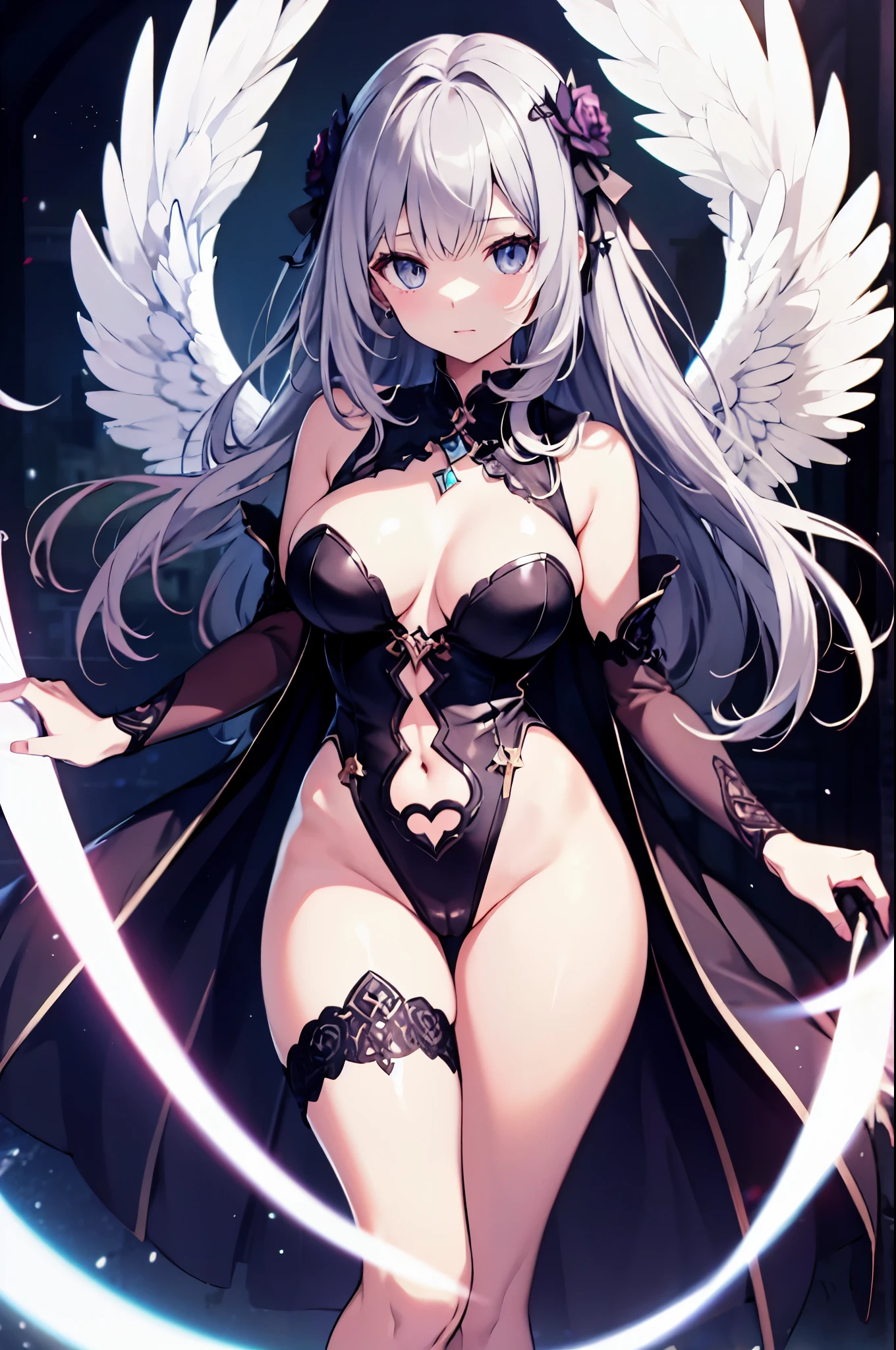 (highest quality)、((Super detailed))、(super delicate)、Sexy and cute fallen angel、 girl、silver hair、beautiful breasts、beautiful thighs、Gorgeous、Fantastic Light