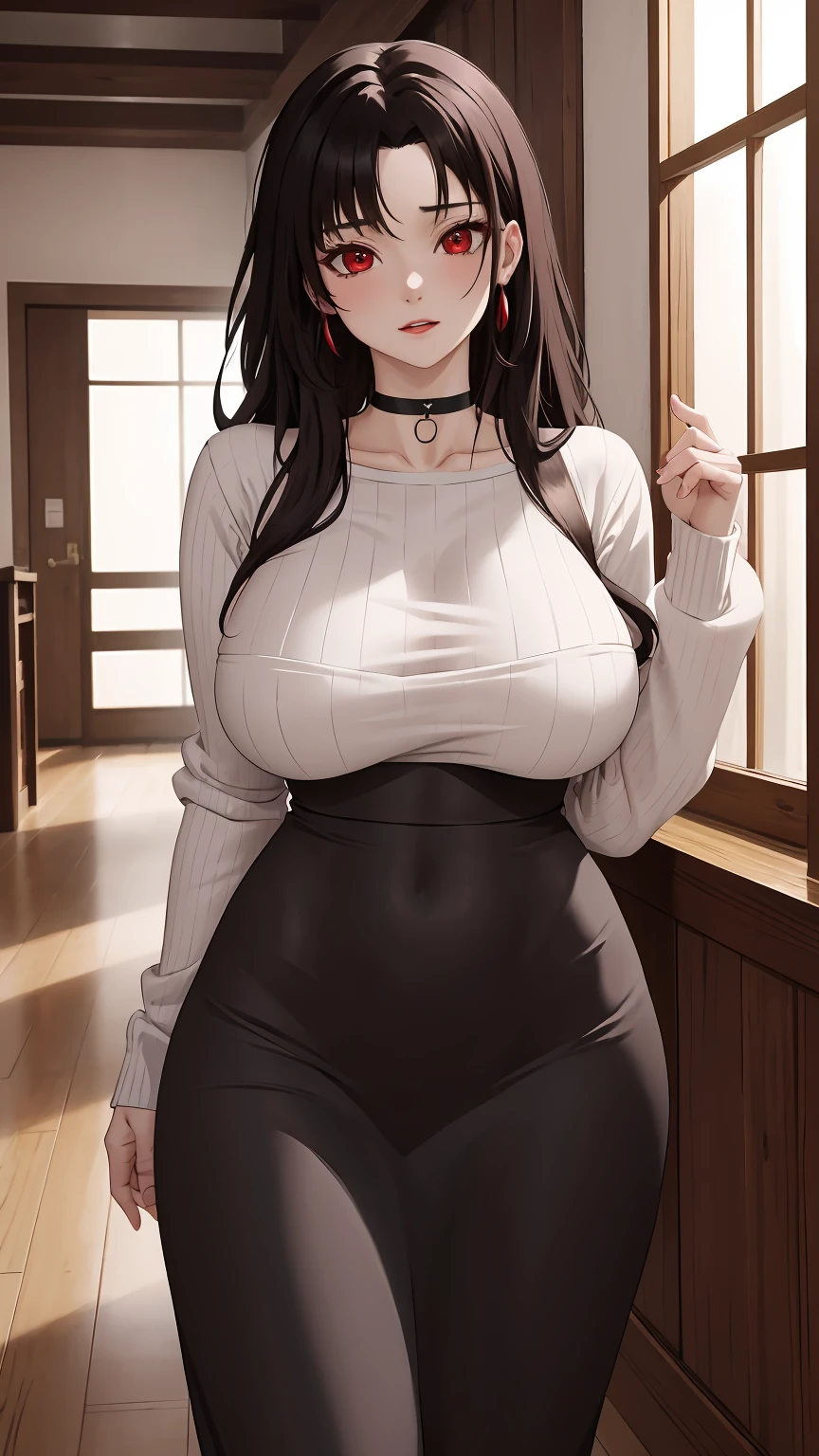 masterpiece, best quality, extremely detail 8k cg, high resolution, 1girl, kurenai yuhi, pale skin, black hair, red eyes, choker, outfit-gls, sweater, high-waist skirt, long skirt, huge breasts, indoors, standing, beautiful face, cowboy shot