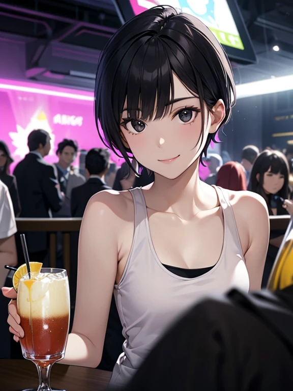 (They are drinking alcohol surrounded by a crowd in a futuristic and flashy venue:1.4),masterpiece, High resolution, High-definition CG Unity 8K,realistic,Raw photo,Beautiful and dense face, white skin,(1 girl),skinny,flat chest,(black eye),black hair,(very short hair),Side undercuts,Flowing bangs、(dynamic angle),smile,white tank top