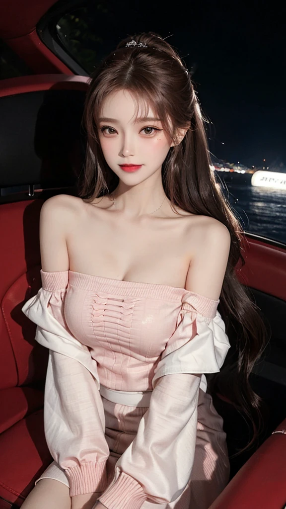 masterpiece,Real light and shadow,real photos,Wearing a shoulderless sweater dress,Chinese beauty with long brown hair,fairer complexion,Oval face,Deep facial features,Smile,A little blush on face,light pink eyeshadow,Posing while sitting on the hood of a red sports car,Sea view at night