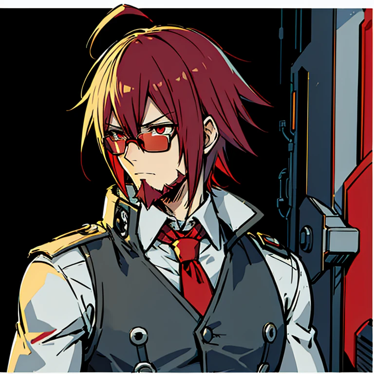 Concept ART ,human Male Adult ,Clear Skin ,Red eyewear , (white short haircut ), wearing Bandage , Cool face ,Beard , ((blazblue game )) ,vest Shirt