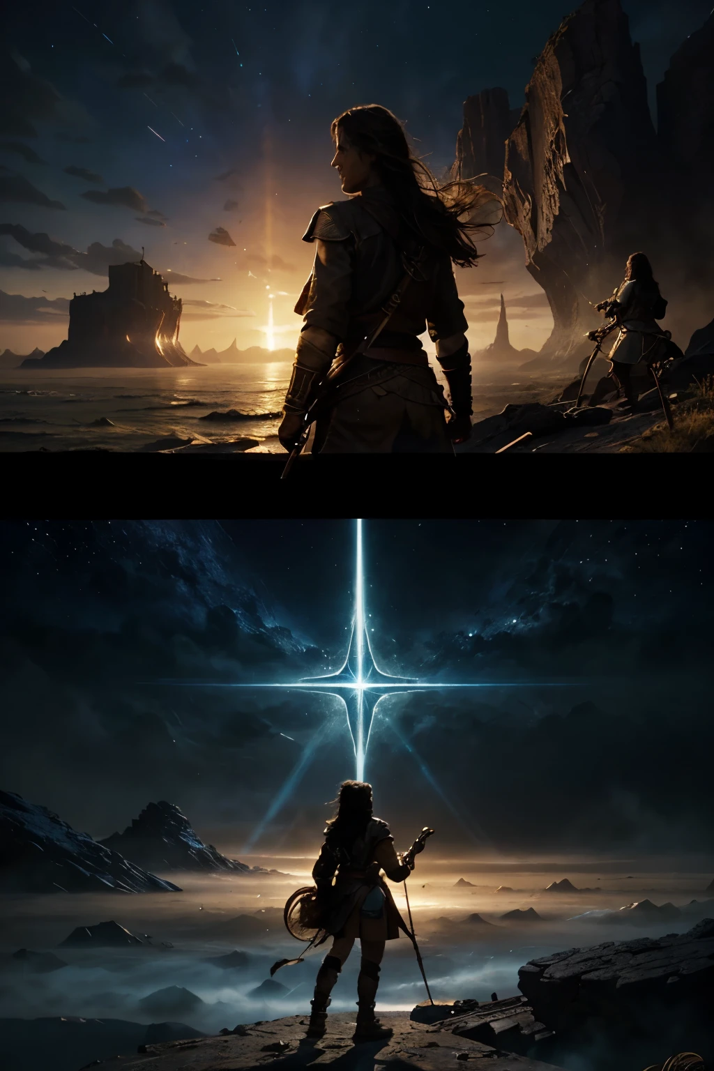 Create a grand orchestral composition, conveying the spirit of heroic adventure in a fantasy world. Use powerful brass, piercing strings and exciting drums, to bring epic battles to life, exploration of uncharted lands and fateful encounters. Let the music evoke a sense of greatness, secrets and dangers. WITHOUT IMAGES OF PEOPLE