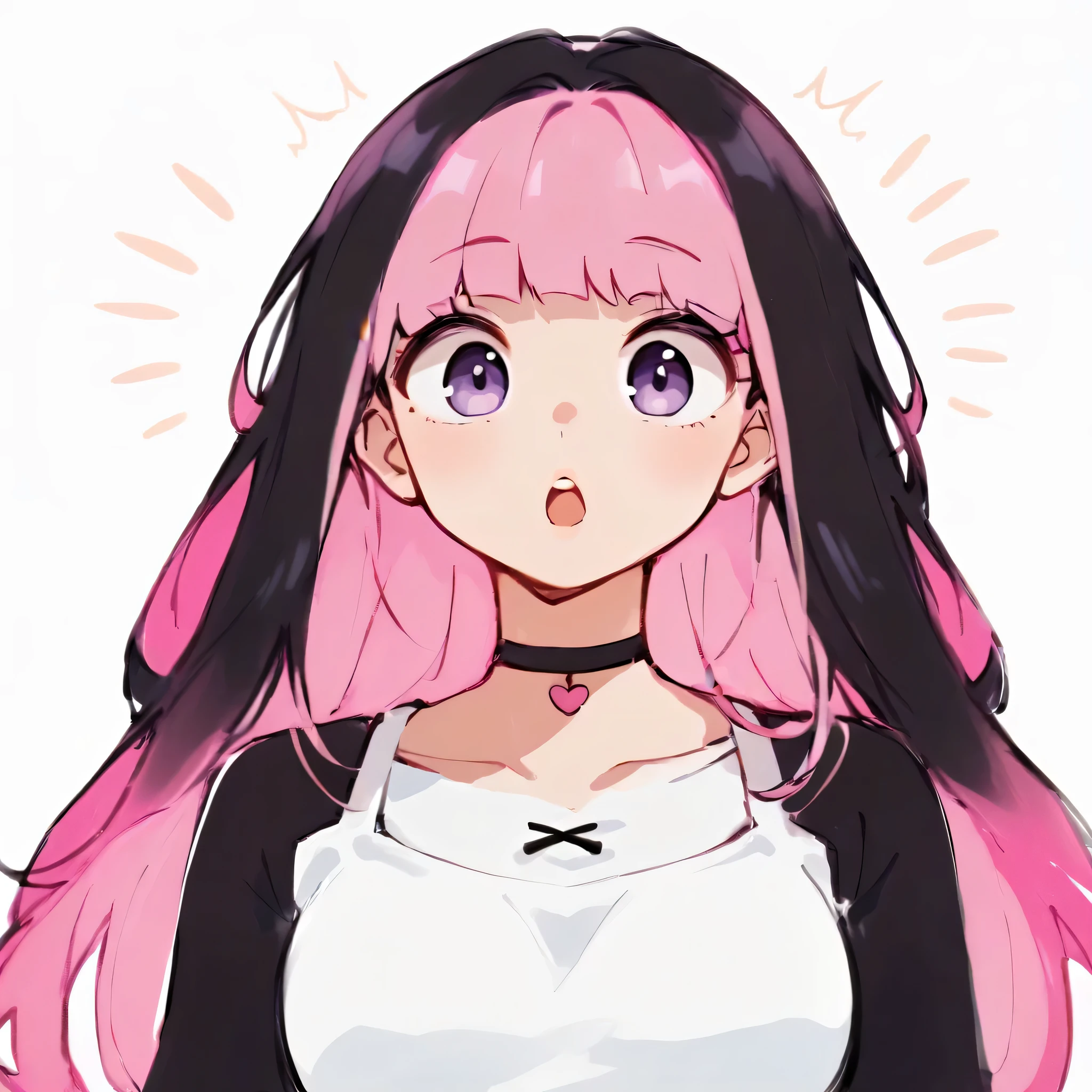 score_9, score_8_up, score_7_up, 1girl, (closeup), gasp, surprised, shocked, anime waifu, waifu, ((portrait)), illustration, ((2d)), ((curvy)), ((twitch emote)), (((cute face))), ((long hair)), bangs, black pink hair, ((black and pink hair)), ((black hair)), gorgeous purple eyes, big eyes, anime eyes, eyeliner, long lashes, soft and full lips, choker, jewelry, crop top, (Jelly Art Style:0.2), ((anime style:0.8)), (((white background))), twitch emote,