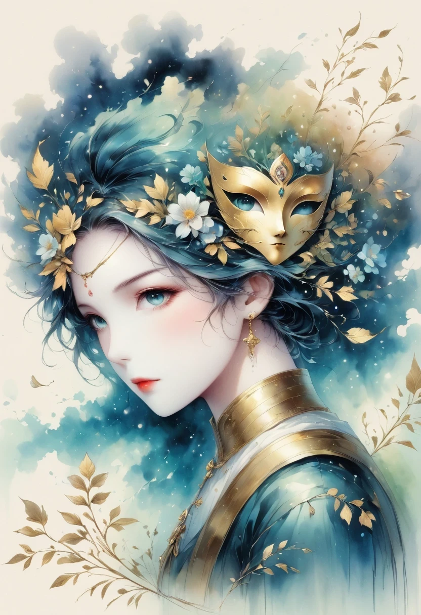 (gold leaf art:1.5),(Metallic luster:1.45),Minimalism,(line art:1.6),sketch,Charcoal drawing,Gold Foil Mask,flower,Illustration in surreal art style,surreal dream,Dubrec style,(multiple exposure:1.8),Dreams of happiness,