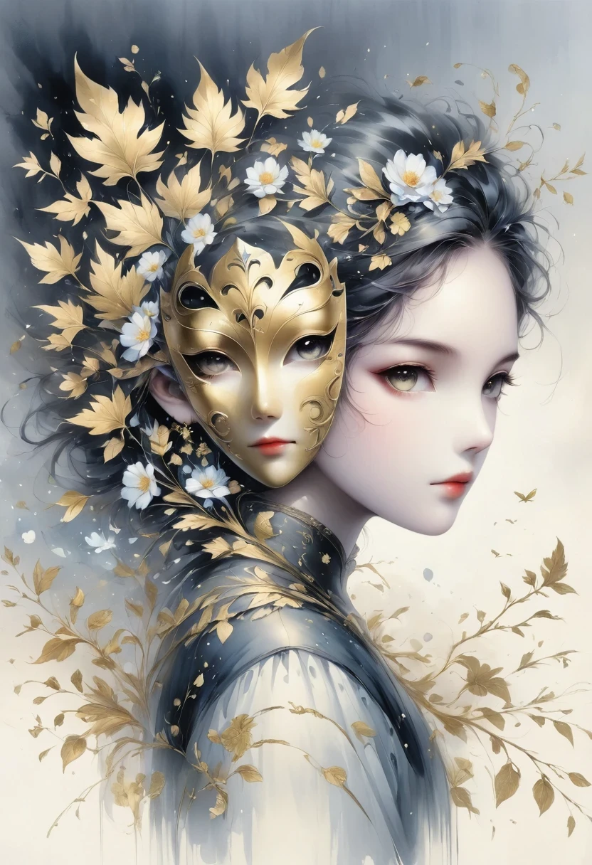 (gold leaf art:1.5),(Metallic luster:1.45),Minimalism,(line art:1.6),sketch,Charcoal drawing,Gold Foil Mask,flower,Illustration in surreal art style,surreal dream,Dubrec style,(multiple exposure:1.8),Dreams of happiness,