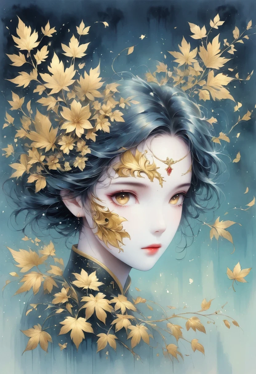 (gold leaf art:1.5),(Metallic luster:1.45),Minimalism,(line art:1.6),sketch,Charcoal drawing,Gold Foil Mask,flower,Illustration in surreal art style,surreal dream,Dubrec style,(multiple exposure:1.8),Dreams of happiness,