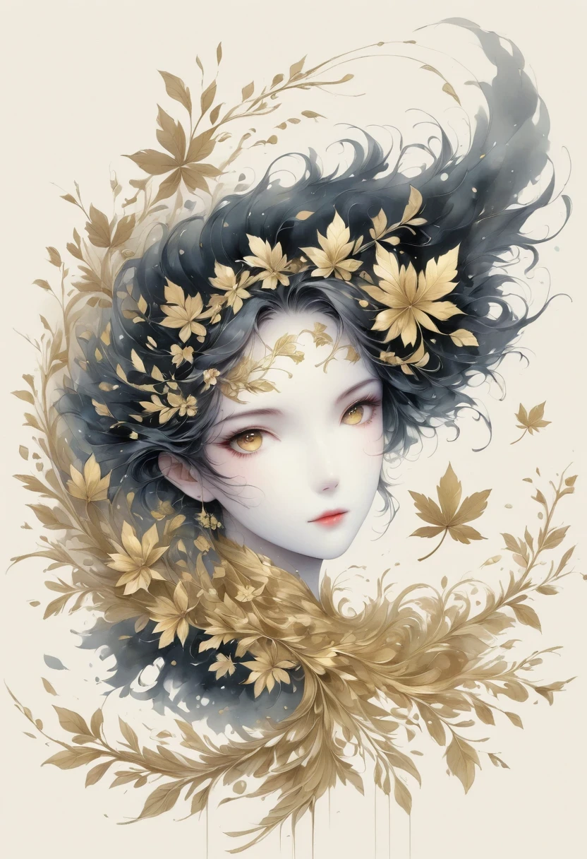 (gold leaf art:1.5),(Metallic luster:1.45),Minimalism,(line art:1.6),sketch,Charcoal drawing,Gold Foil Mask,flower,Illustration in surreal art style,surreal dream,Dubrec style,(multiple exposure:1.8),Dreams of happiness,