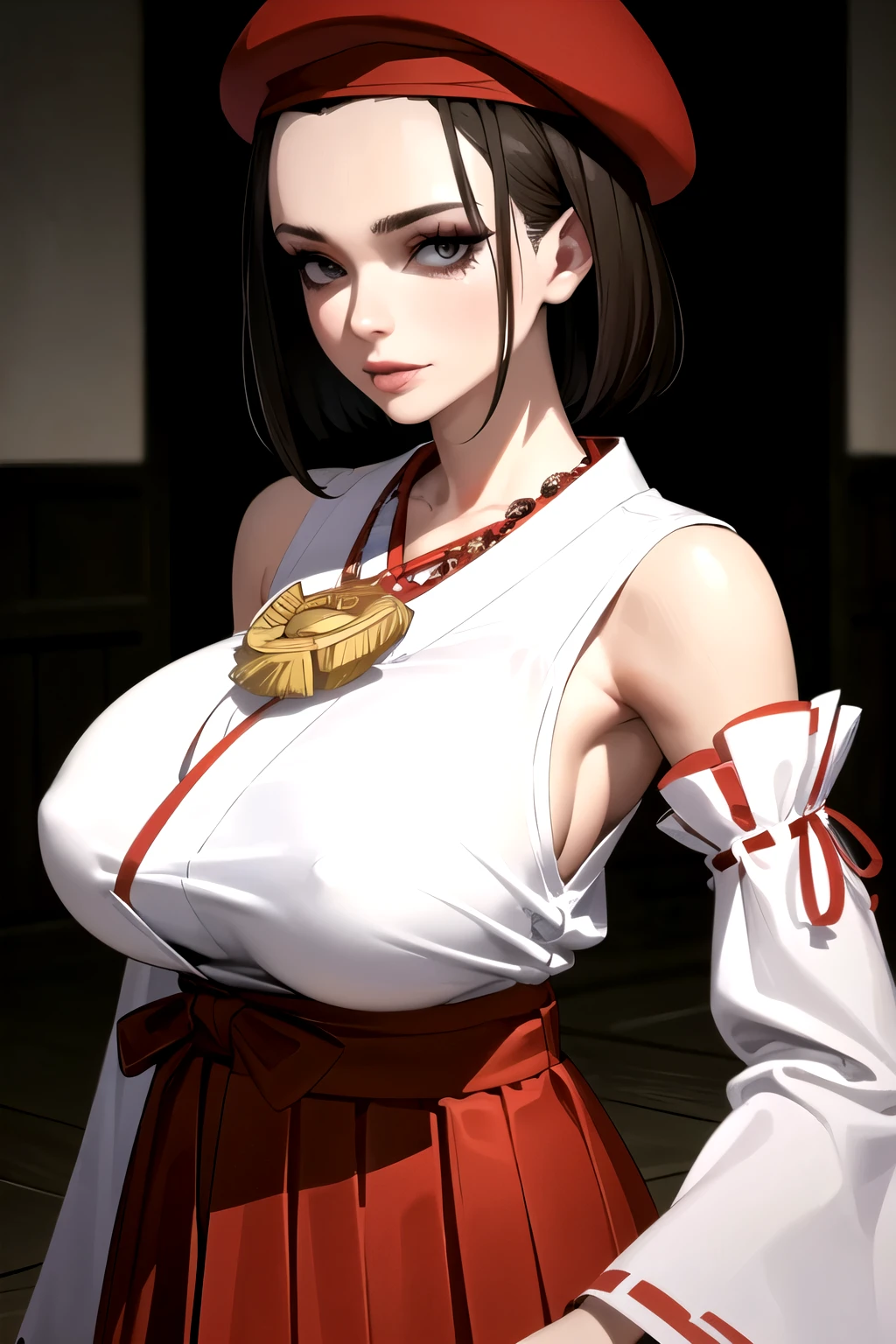 (ultra realistic,32k,RAW photo:1.1),(high detailed skin:1.1), 8k uhd, dslr, high quality, film grain, (makeup, mascara:1.1), lips,(thick\lips\),
(shiny glossy translucent clothing:1.1), ageha, 1girl, short hair, beret, miko, detached sleeves, hakama skirt, necklace, huge breast, (upper body:1.2),
Leaning with back against an invisible wall,
(busty:1.1) , (chubby:0.1),(soft shaded:1.2),dark theme, A place full of my ancestral past and several vessels with trapped souls