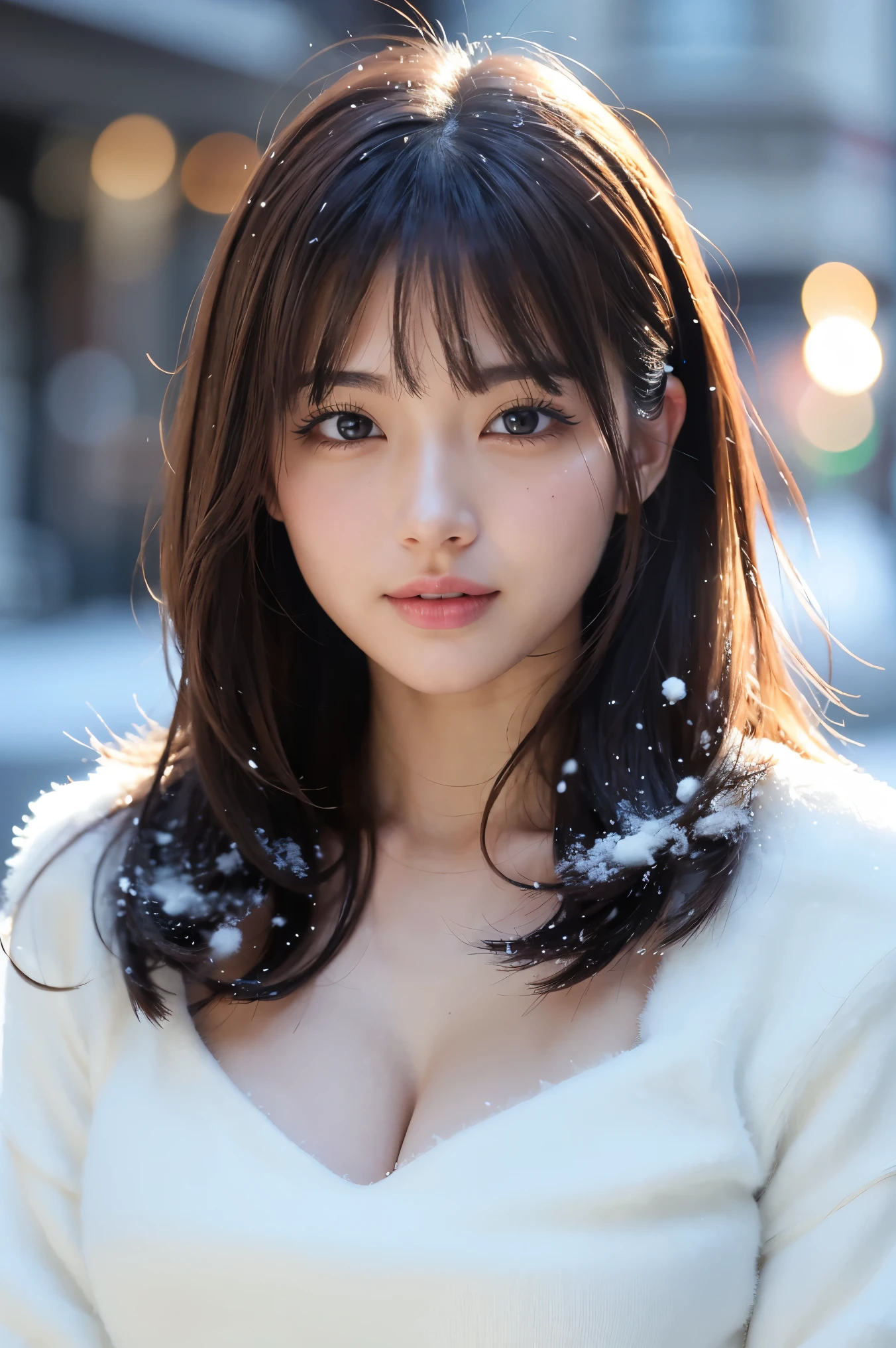 (table top、highest quality、8K、Award-winning work、ultra high resolution)、one beautiful woman、(Fluffy V-neck fur sweatshirt:1.2)、(A lot of fluffy fur:1.3)、(close up of face:1.2)、perfect fit、brown hair、epic movie lighting、(very big breasts:1.1)、(cleavage:1.1)、(Accentuate your body lines:1.1)、(glamorous body:1.1)、(The most romantic and moody atmosphere:1.1)、winter、(snow scene:1.1)、It&#39;s snowing、(Walking in the snow in Northern Europe:1.2)、A smile looking at me、blurred background、accurate anatomy、Ultra HD Hair、ultra high resolutionの完璧な美しい歯、Ultra-high definition beauty face、Ultra HD Hair、ultra high resolutionの輝く瞳、輝くultra high resolutionの美肌、ultra high resolutionの艶やかな唇、(close up of face:1.1)、Fully closed lips