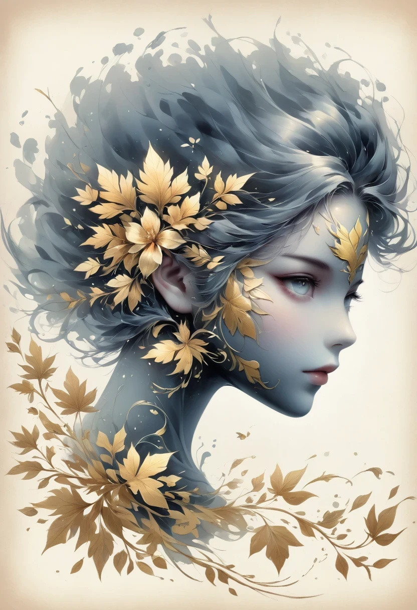 (gold leaf art:1.5)，(Metallic luster:1.45)，Minimalism，(line art:1.6)，sketch，Charcoal drawing，Gold Foil Mask，flower,Illustration in surreal art style，surreal dream，Dubrec style,(multiple exposure：1.8),Dreams of happiness，