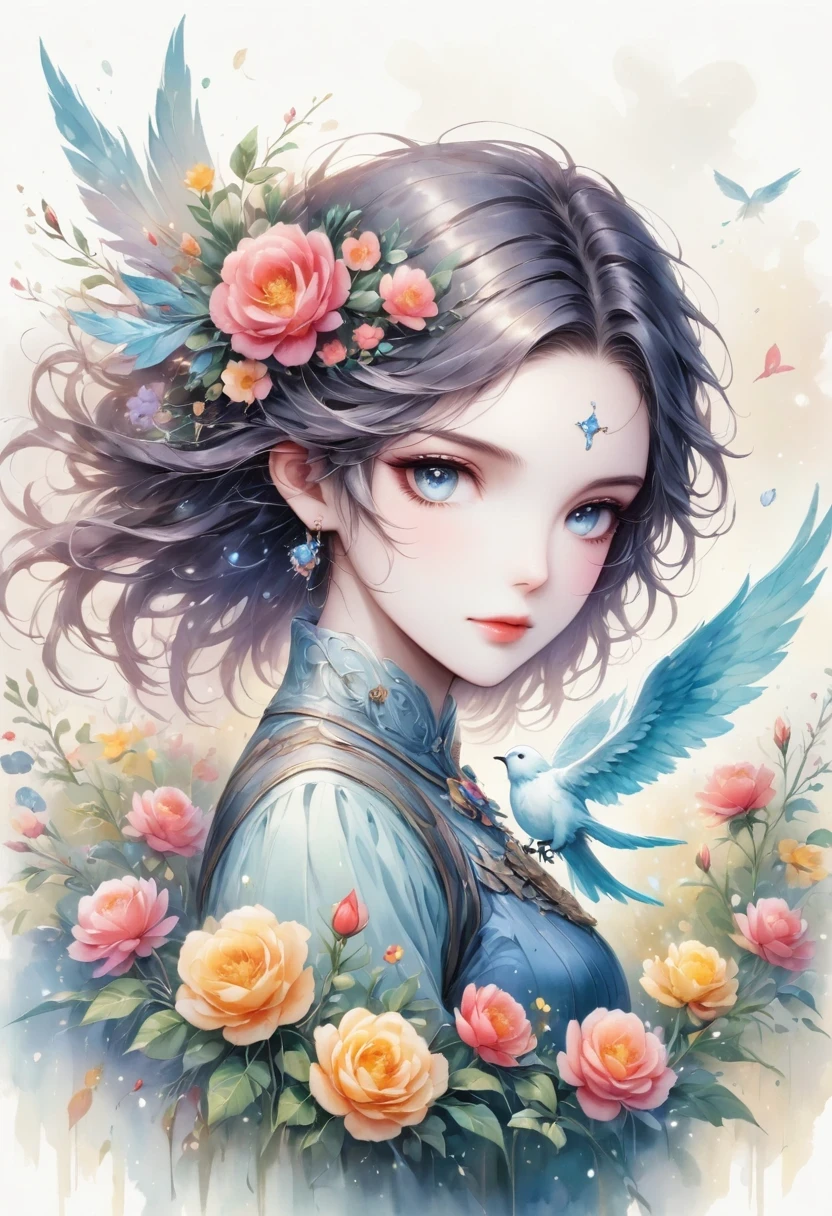 ((White background)), ((clip art )), ((sticker)),  Watercolor beautiful wild rose fantasy art, perfect eyes，Beautiful face and flowers, angel wings, chibi Lovely animation style, bright colors, intricate details, Ultra-detailed, super quality, 32k, Unreal Engine, isolated on White background, Lovely, flashing