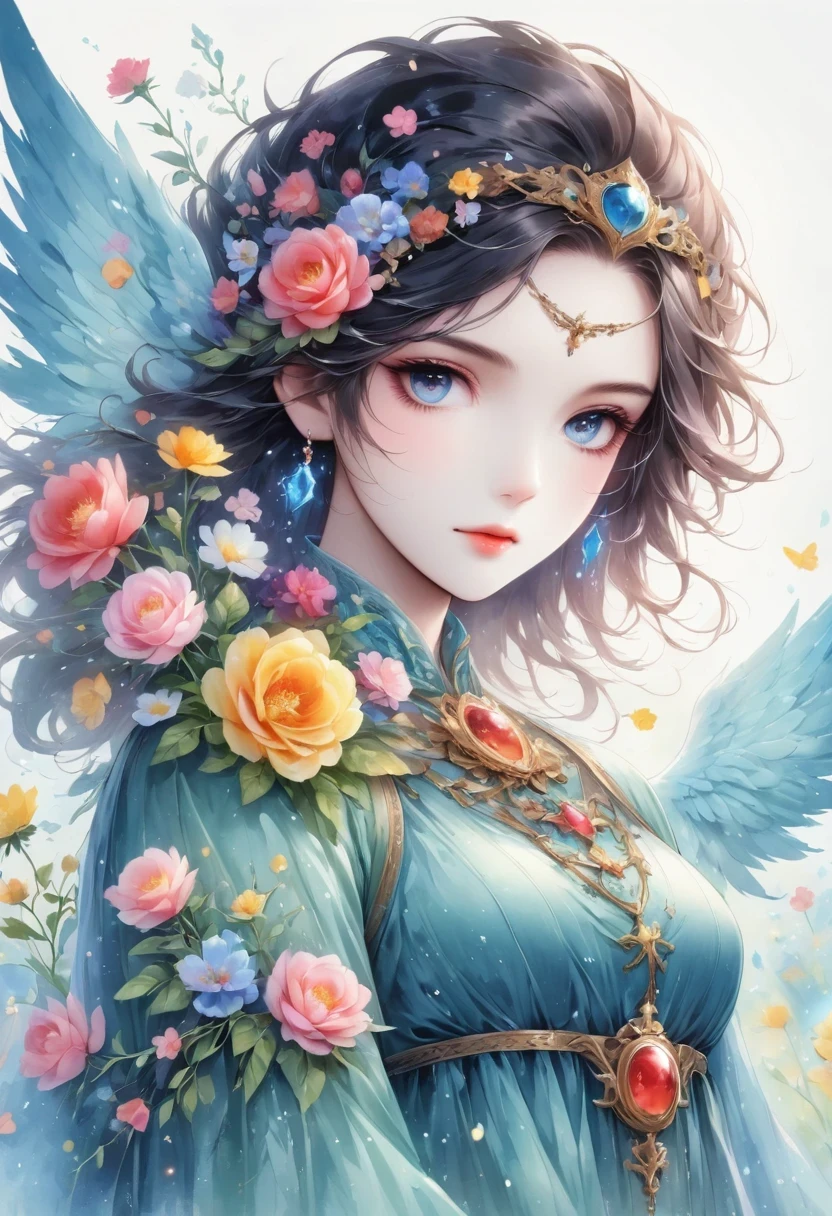 ((White background)), ((clip art )), ((sticker)),  Watercolor beautiful wild rose fantasy art, perfect eyes，Beautiful face and flowers, angel wings, chibi Lovely animation style, bright colors, intricate details, Ultra-detailed, super quality, 32k, Unreal Engine, isolated on White background, Lovely, flashing