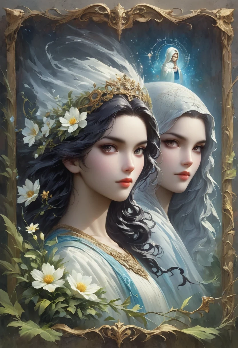 A beautiful ultra-thin actual portrait of the Virgin Mary, White outfit with blue details, ((god)), whole body, Biblical, actual, intricate details, author:Abbott Fuller Graves, Bartholomew Esteban Murillo, JC Leandeker, Craig Mullins, Peter Paul Rubens, (Caravaggio), Artstation trends, 8K, concept art, fantasy art, Photoactual, actual, illustration, painting, Surrealism, Hyperactual, brush brush, The art of math, style, watercolor